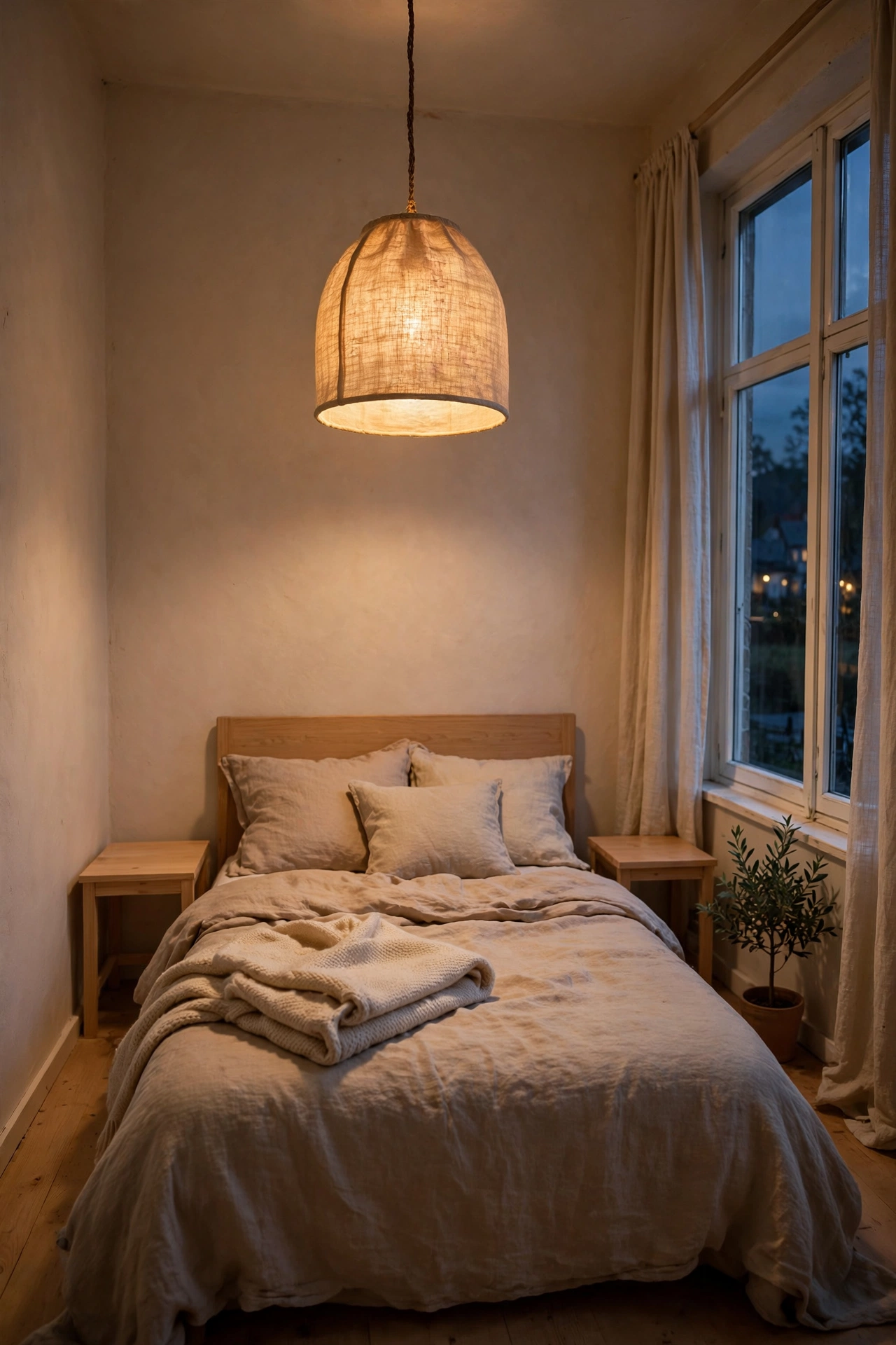 Single pendant light hanging over a bed in a small bedroom
