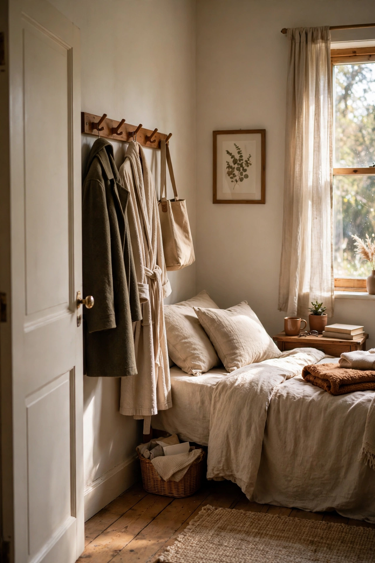 Narrow hook rail behind a bedroom door holding a coat and bag