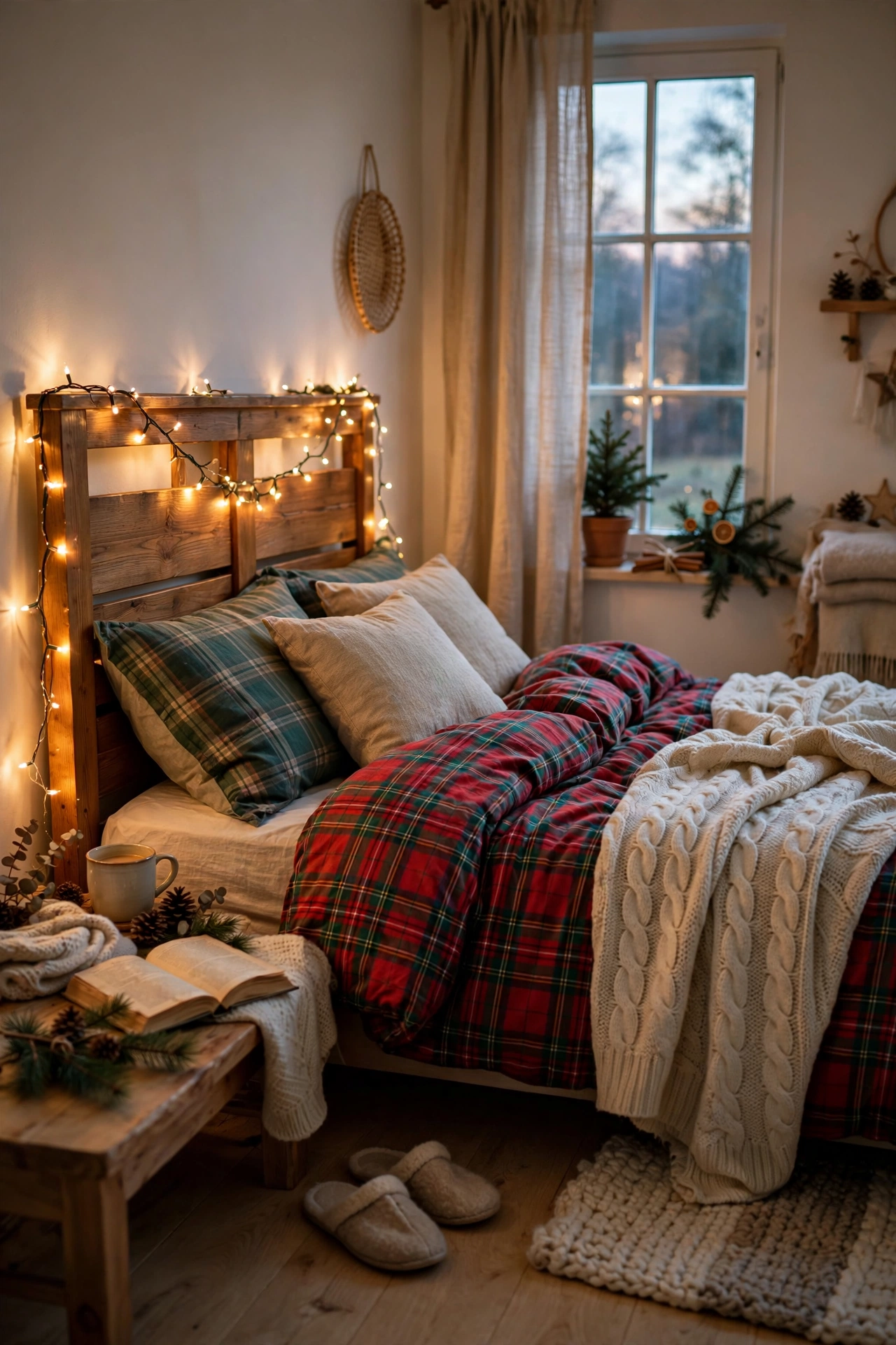 Bedroom headboard wrapped in warm white fairy lights at Christmas