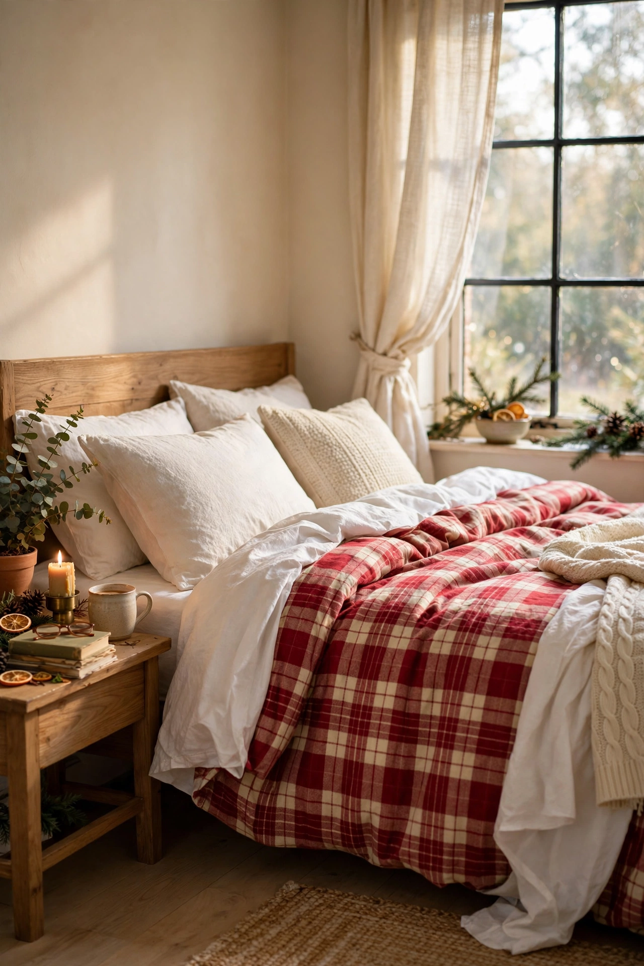 Bed dressed in a red and cream plaid holiday duvet cover