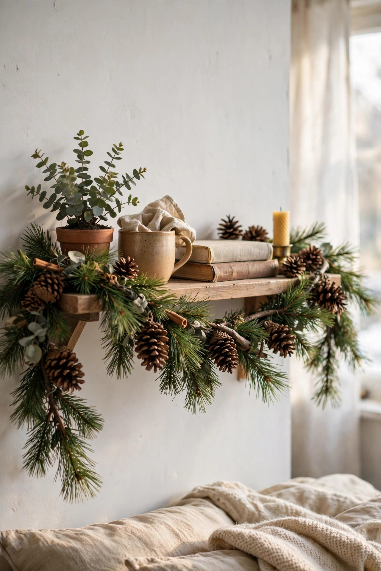 Fresh pine garland with pinecones draped along a bedroom shelf