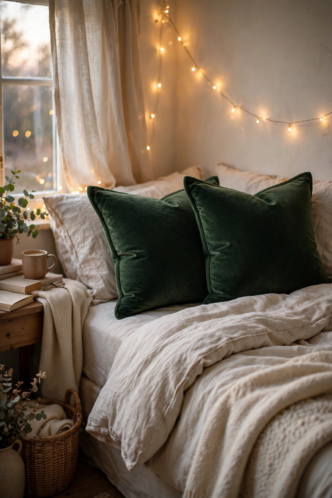 Deep green velvet festive cushions on a neutral bedroom bed