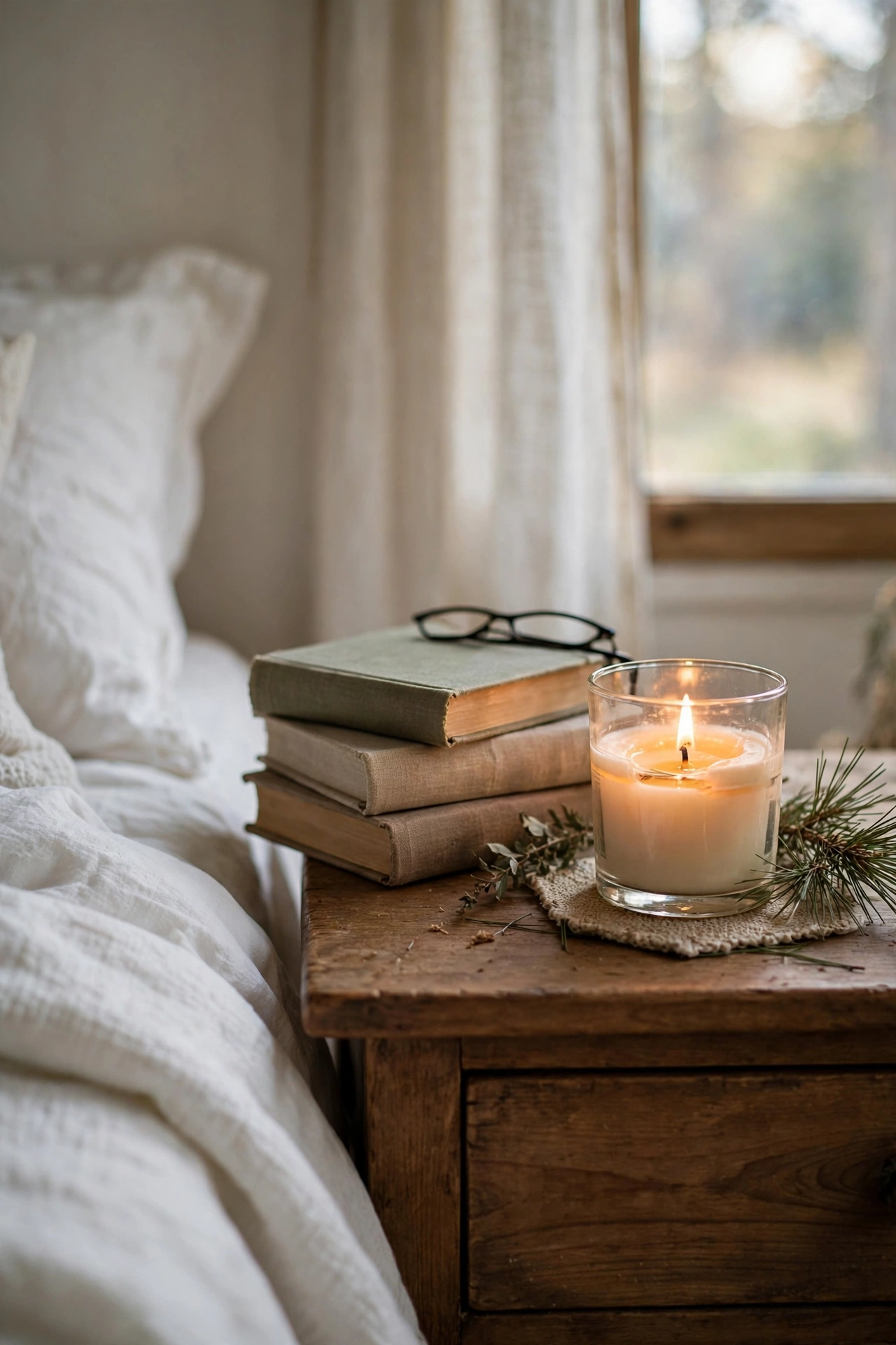 Pine scented candle burning on a bedroom nightstand