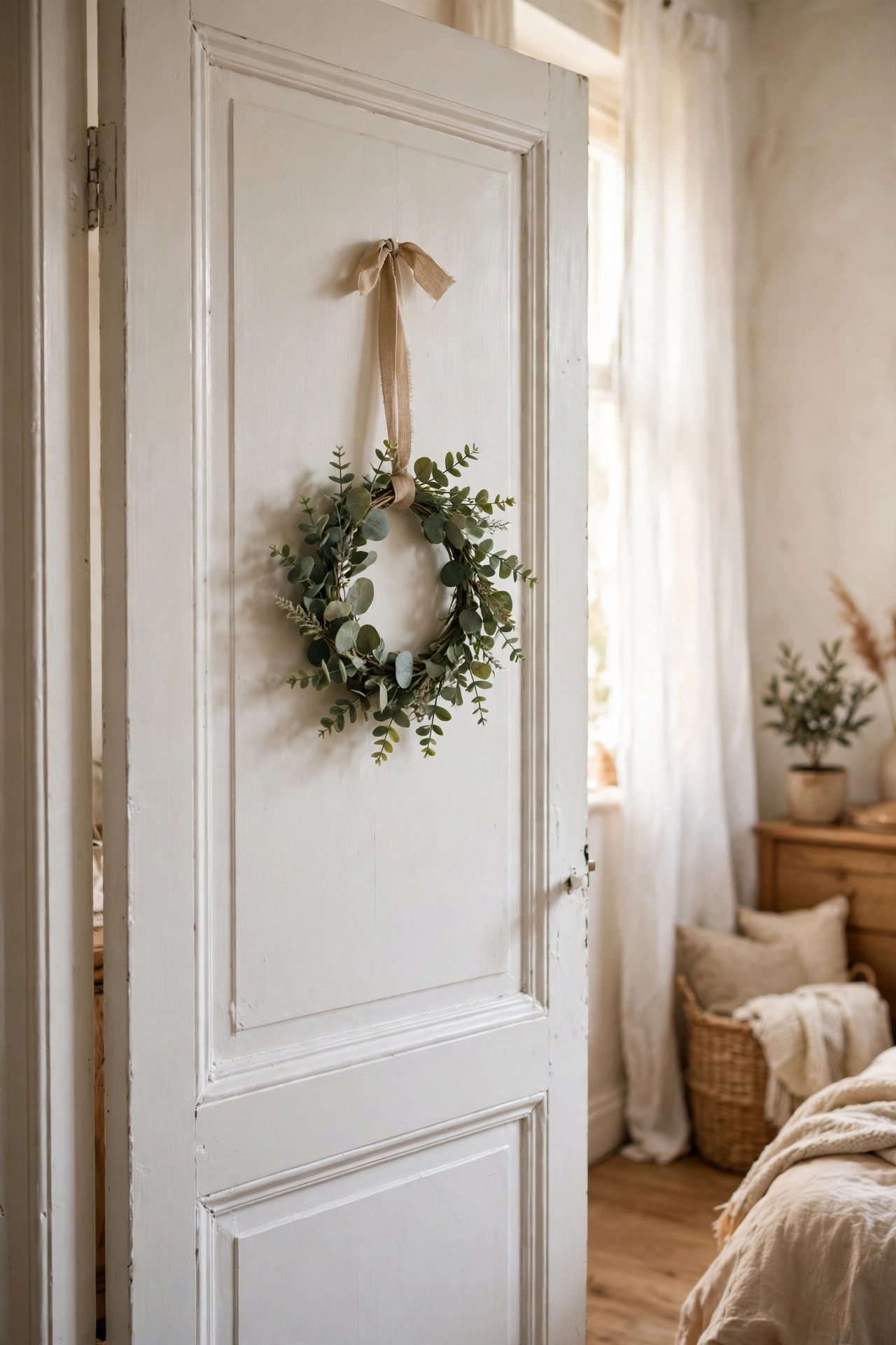 Faux eucalyptus wreath hanging on the inside of a bedroom door