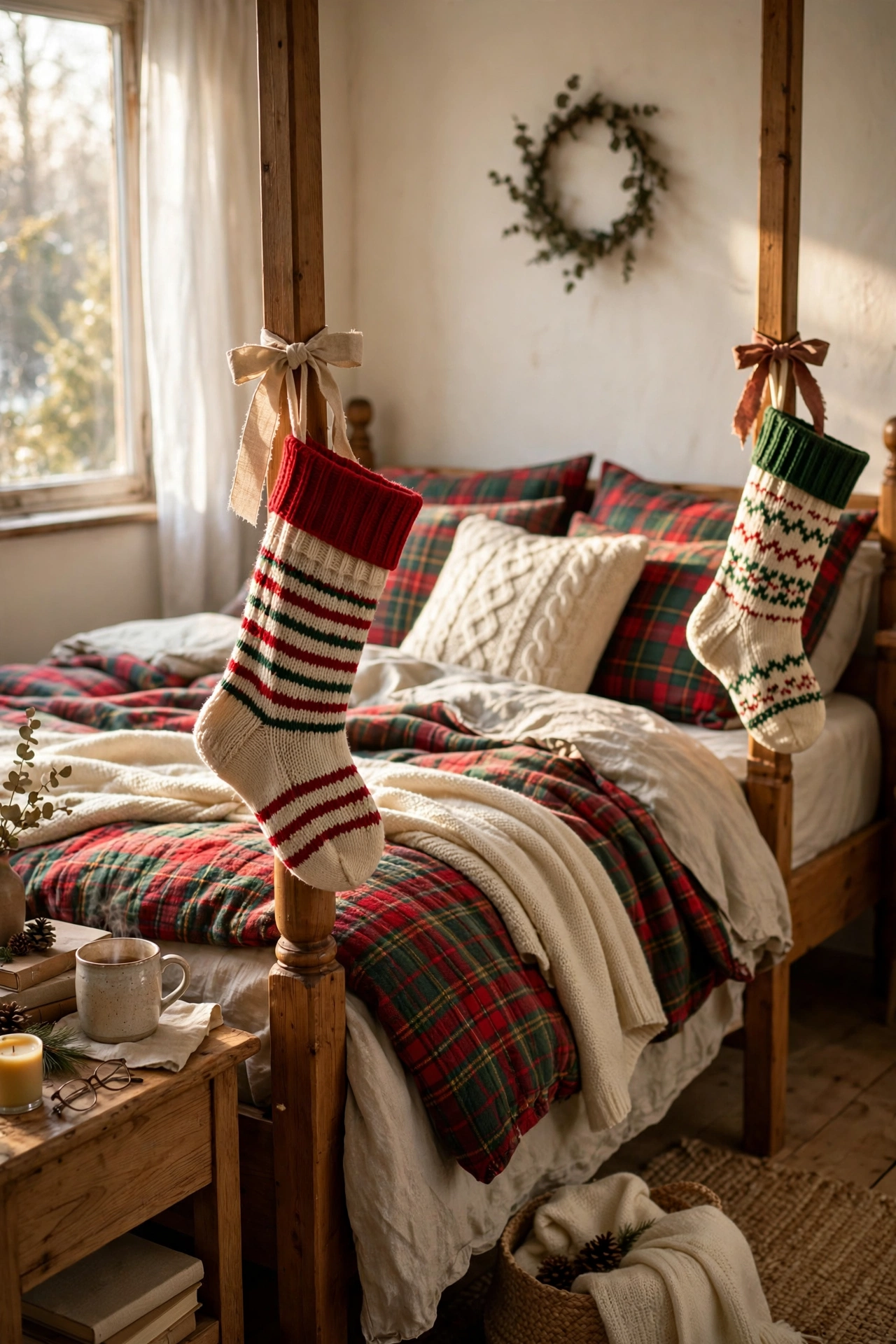 Knit Christmas stockings tied with ribbon on wooden bedposts
