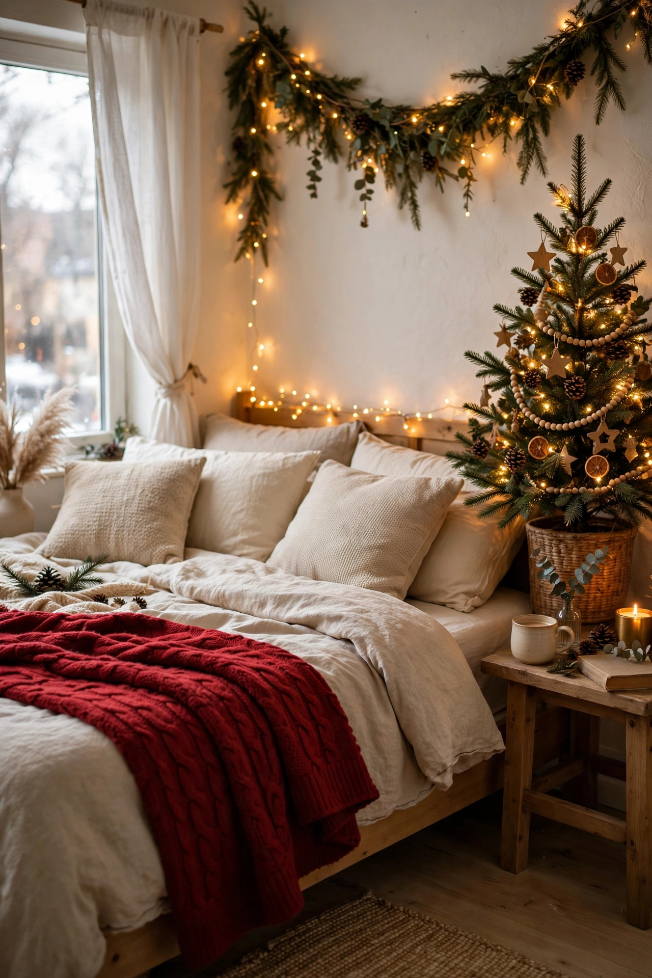 Chunky red cable-knit throw folded across the foot of a Christmas bed