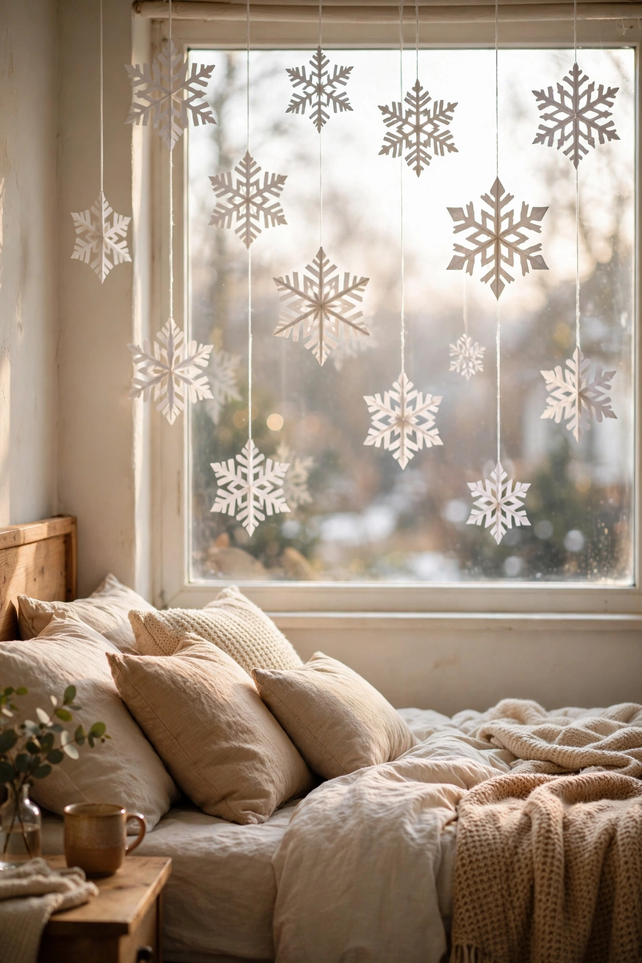 Paper snowflakes stuck to a bedroom window glowing in daylight