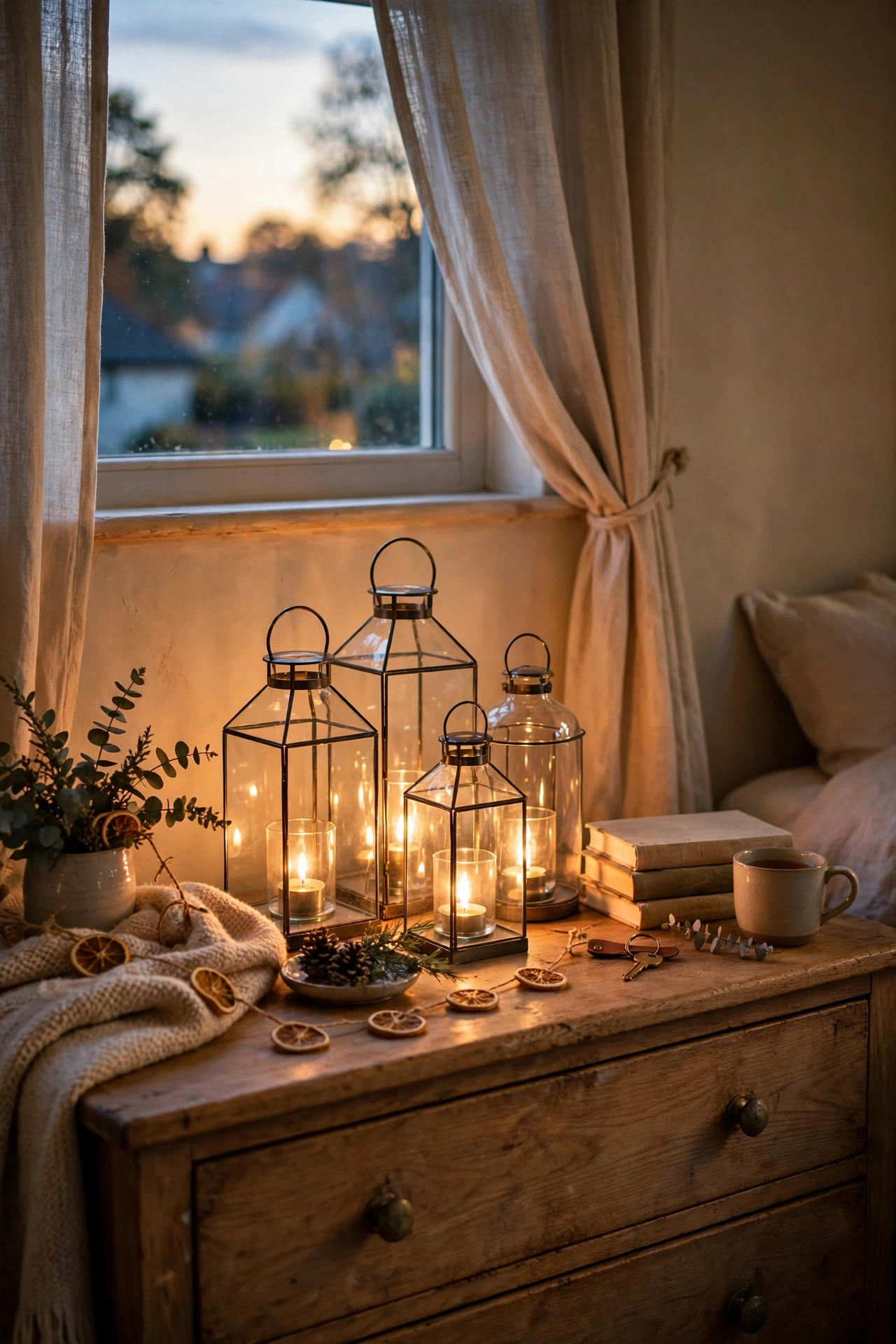 Cluster of glass lanterns with battery candles glowing on a dresser