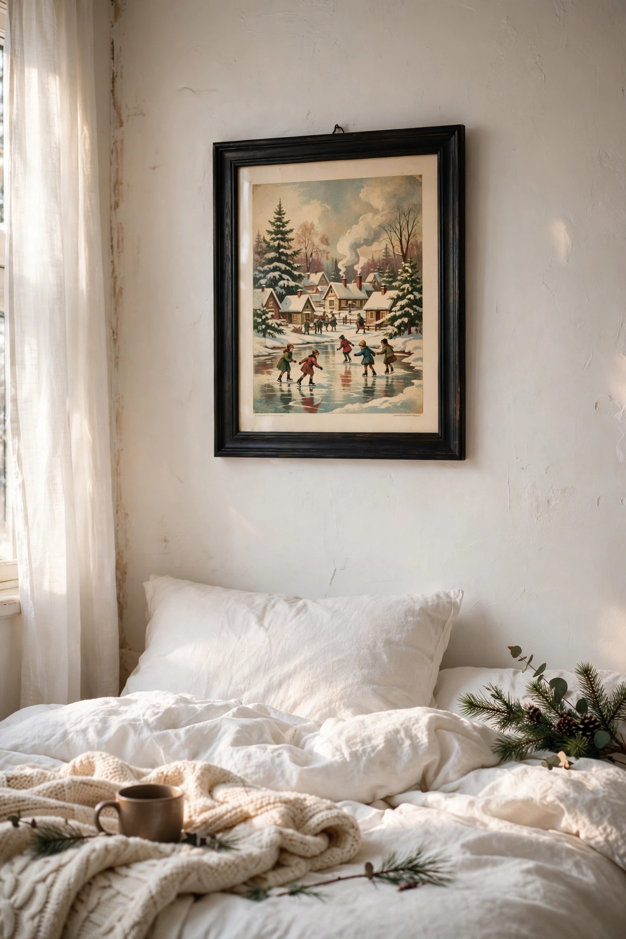Framed vintage Christmas illustration on a bedroom wall