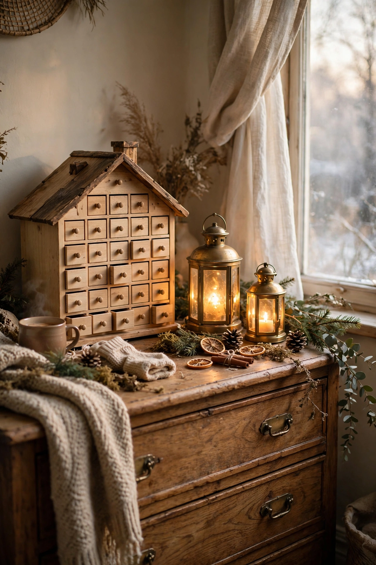 Wooden advent calendar with tiny drawers on a bedroom dresser