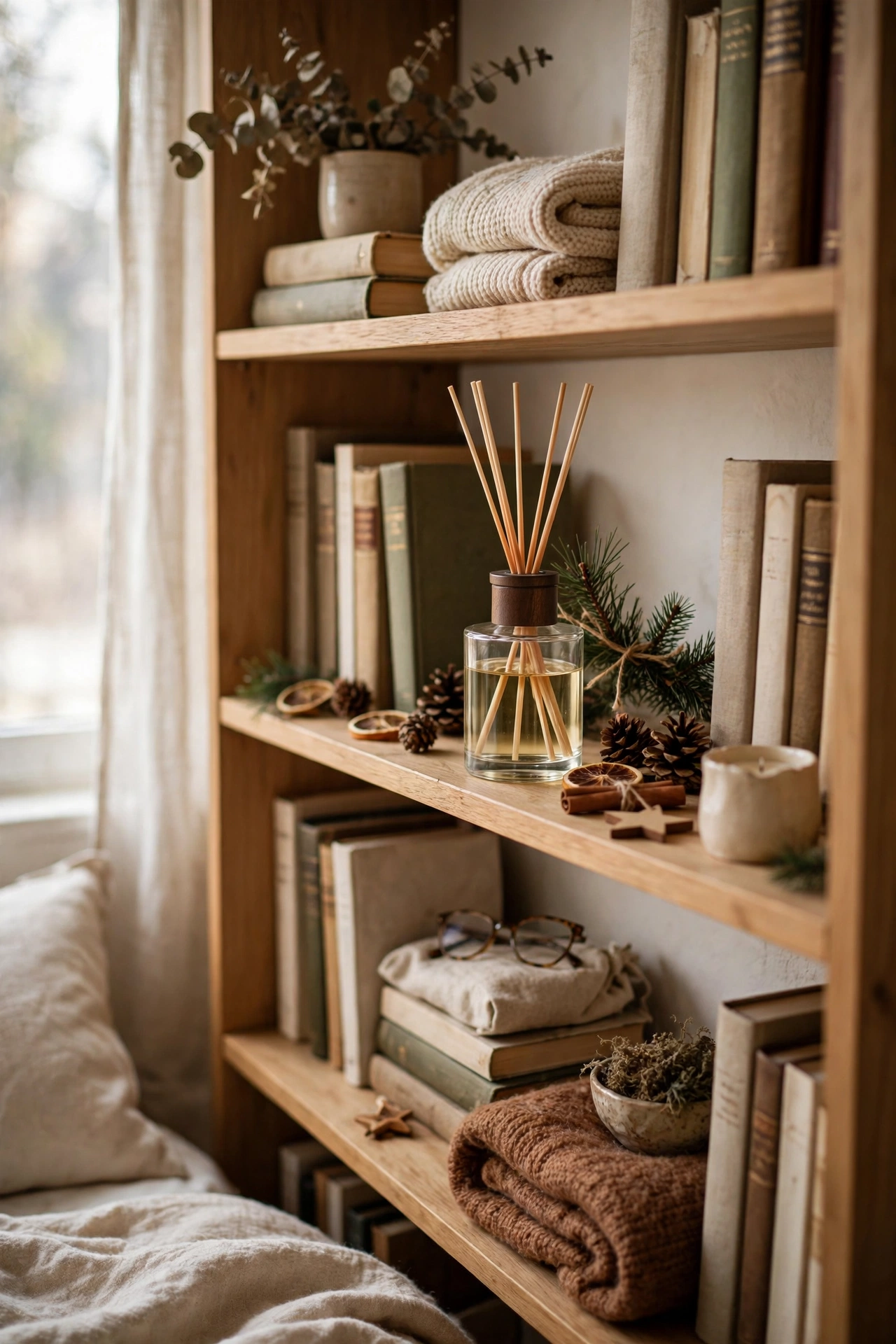 Pine reed diffuser on a bedroom bookshelf at Christmas