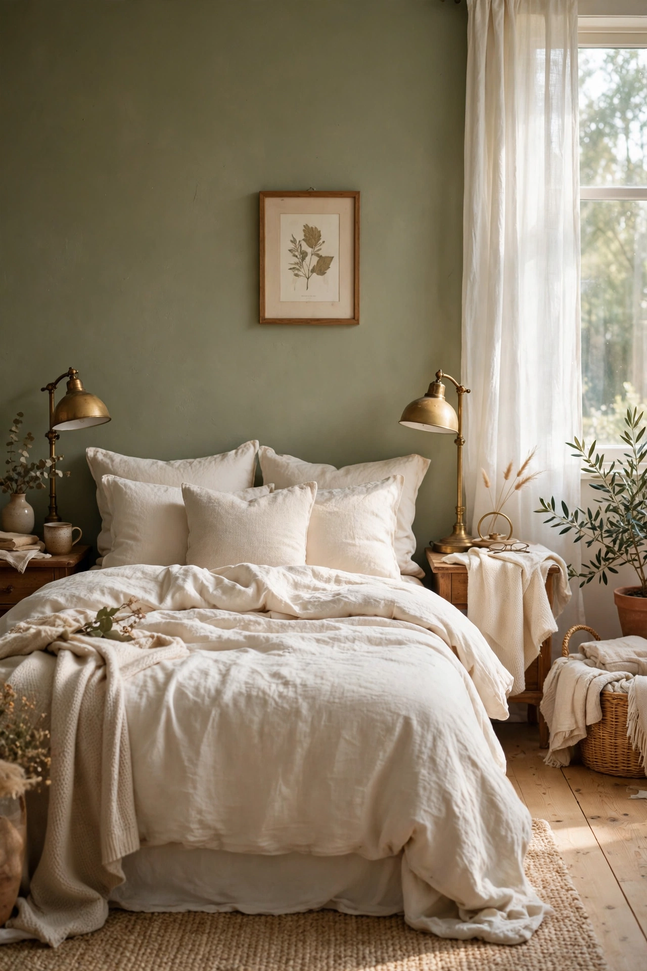 Bedroom with an olive green accent wall behind a bed with cream bedding