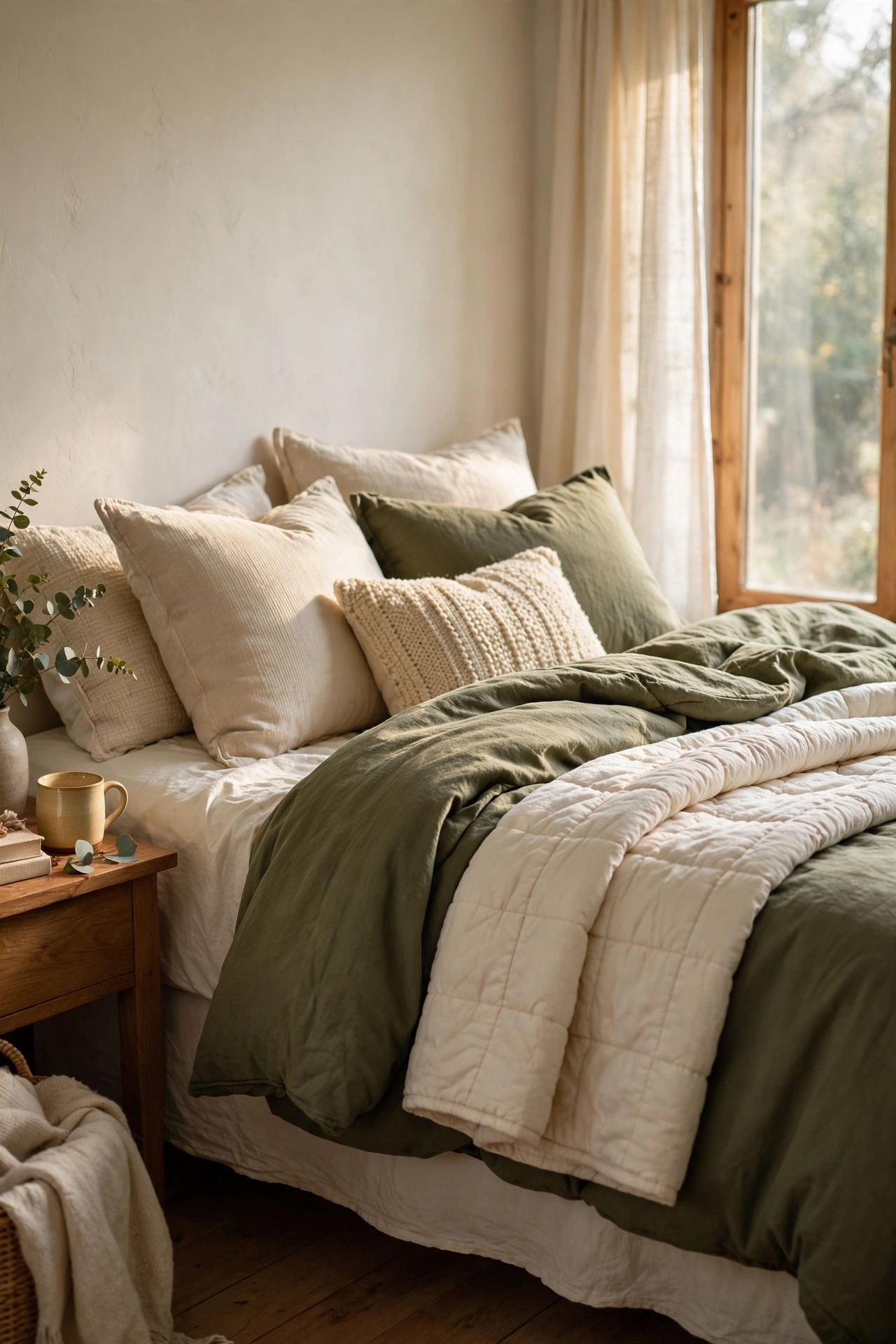 Bed with layered olive green and cream bedding and folded quilt