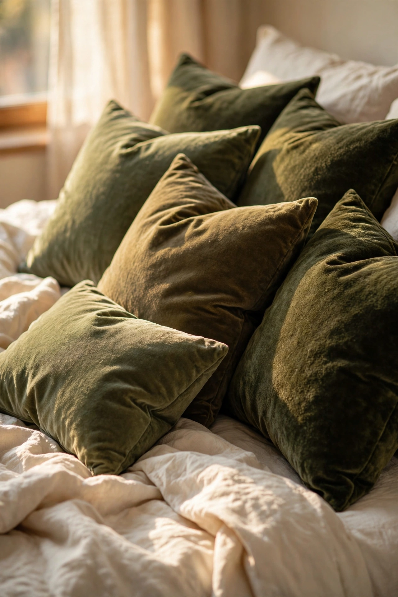 Olive green velvet cushions in mixed tones on a cream bed