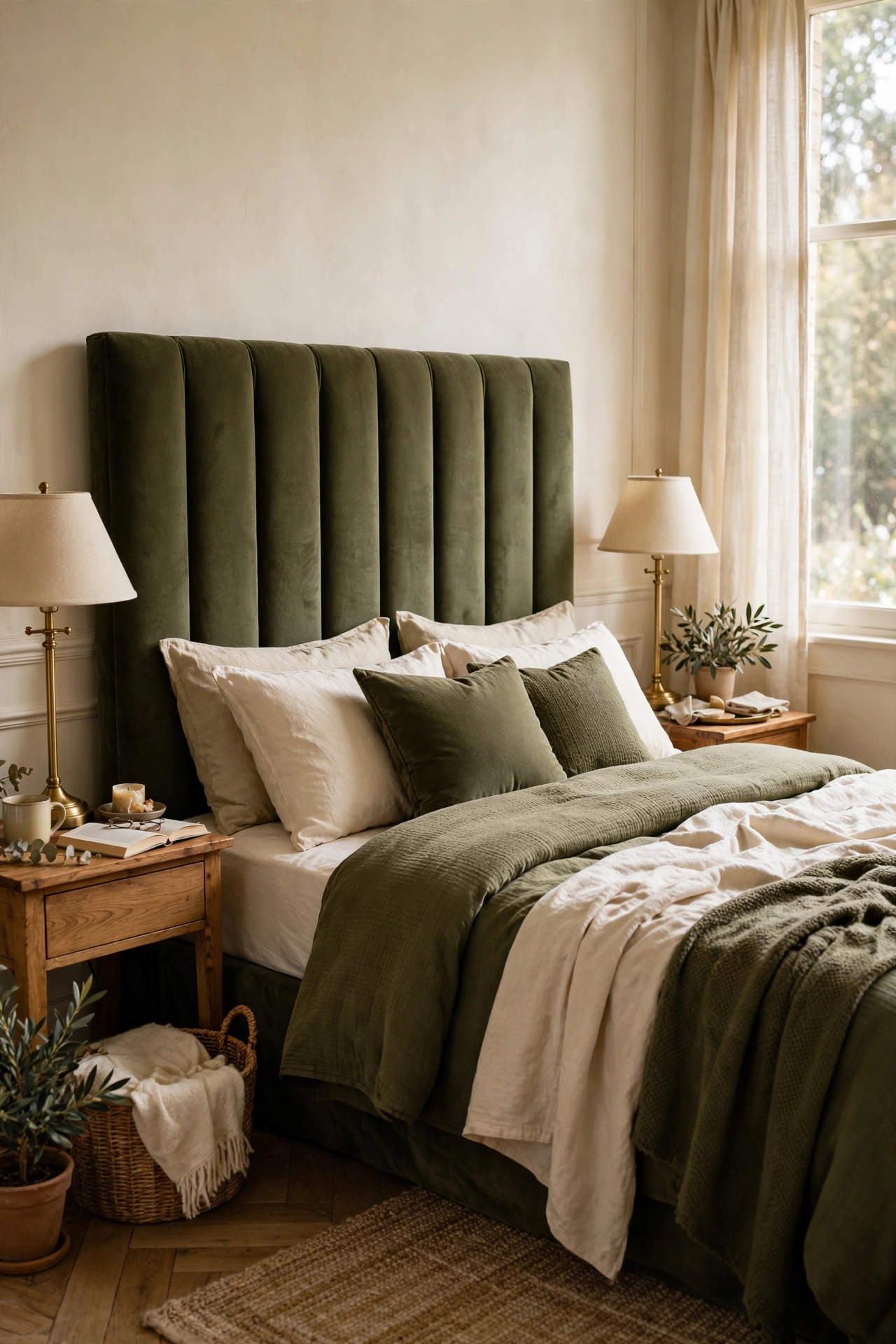 Thrifted olive green velvet headboard behind layered bedding