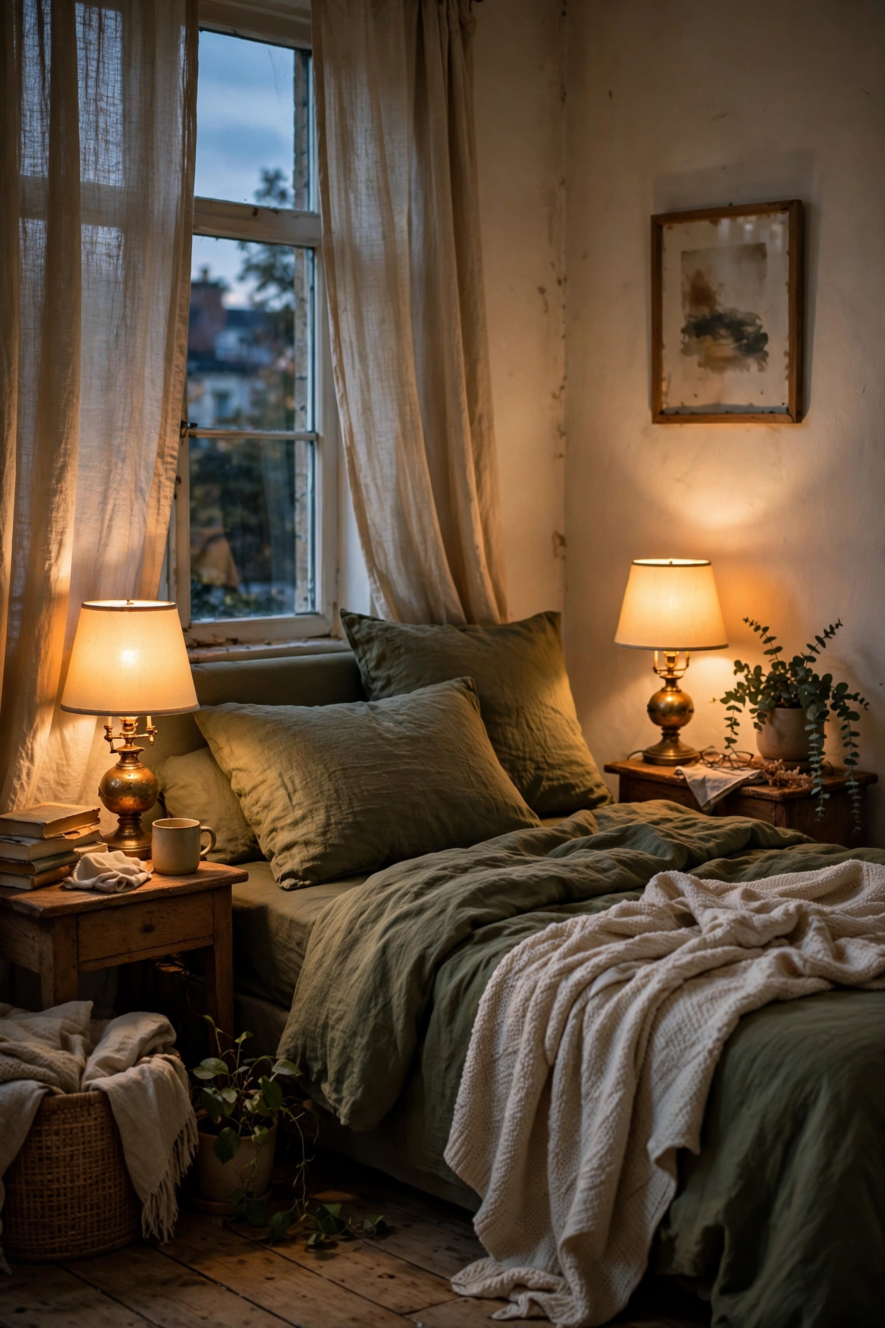 Pair of vintage brass bedside lamps with cream shades glowing warmly
