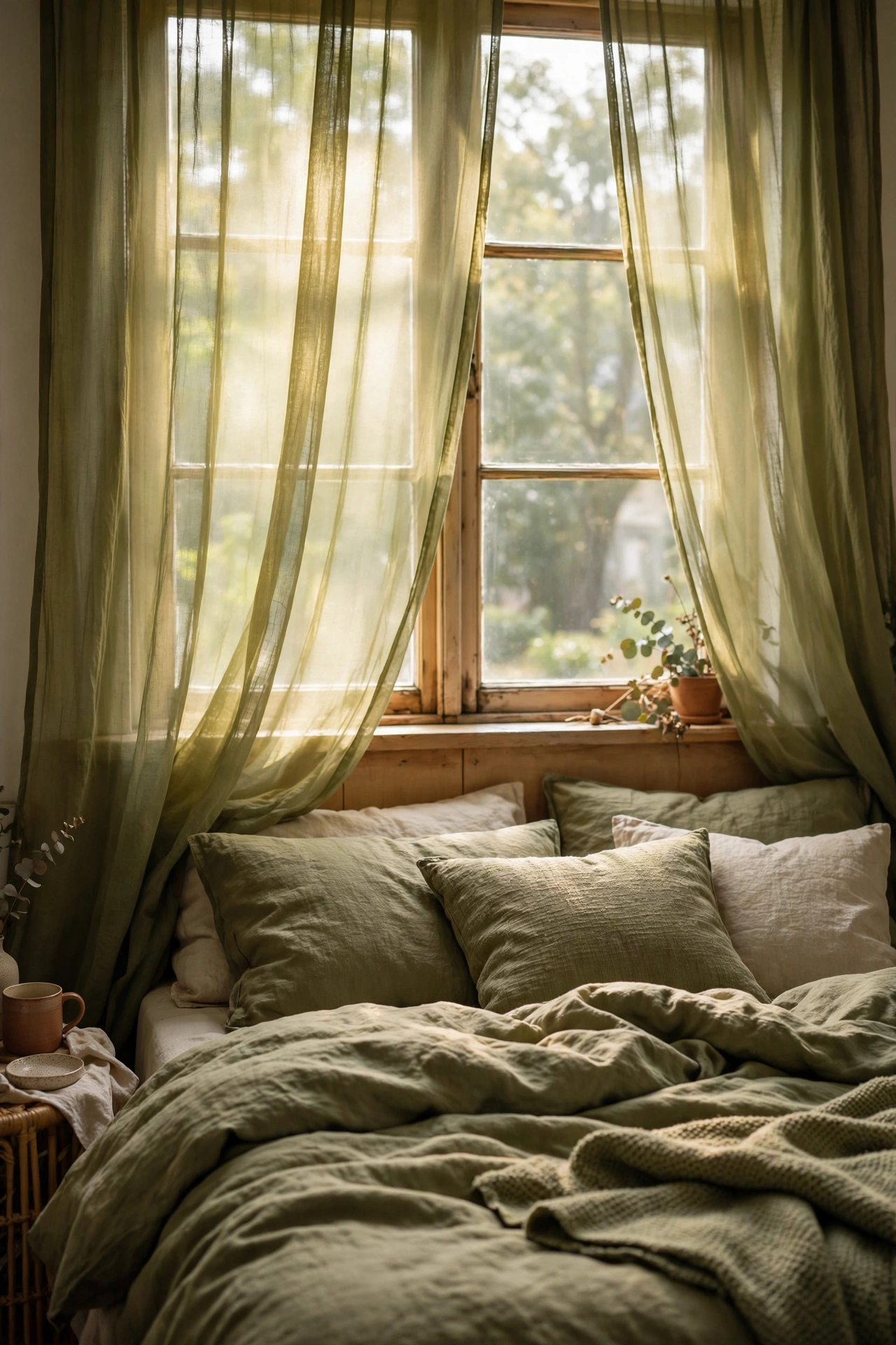 Sheer olive-tinted curtains glowing softly over a bedroom window