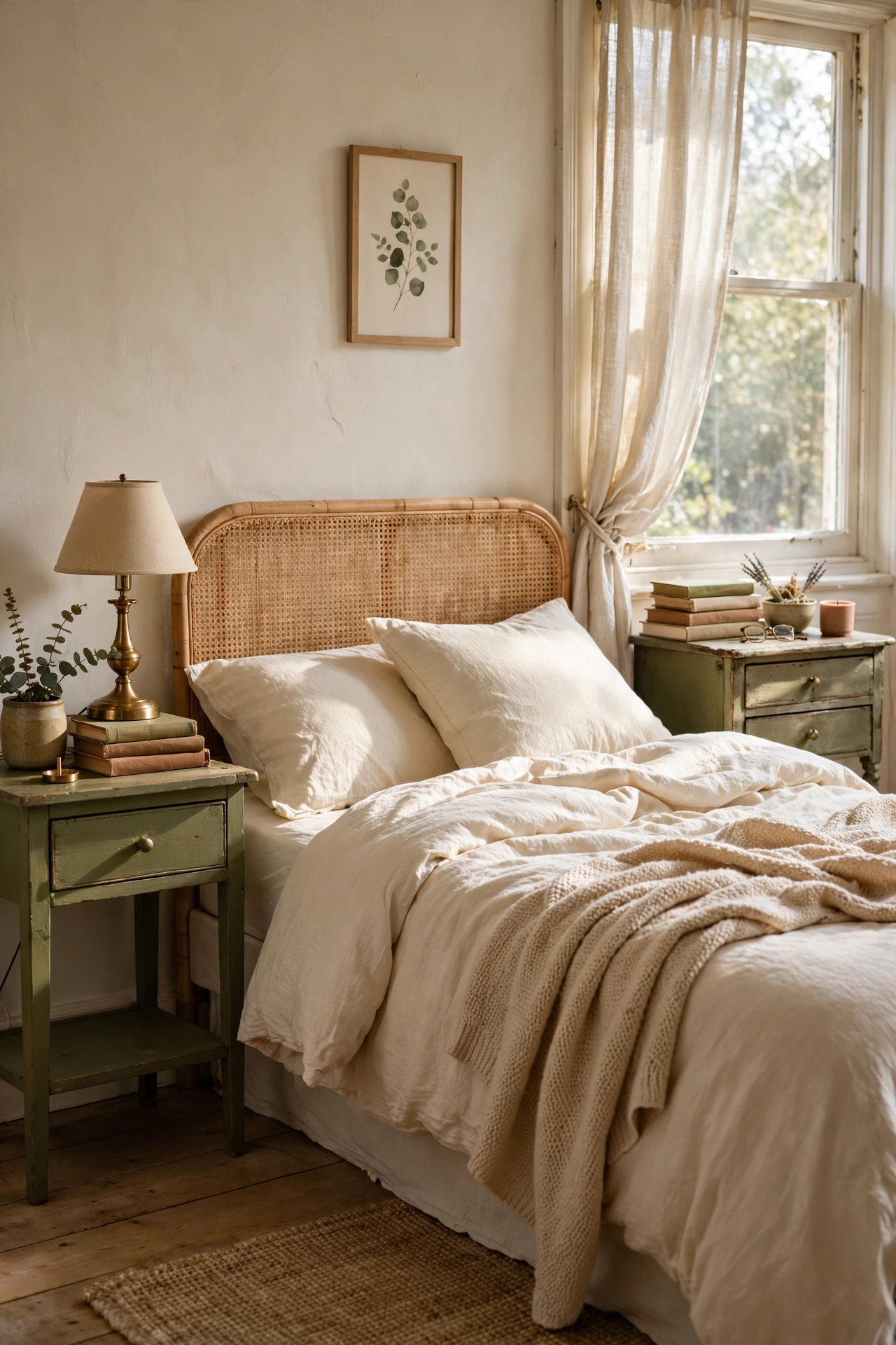 Pair of nightstands chalk-painted olive green beside a bed