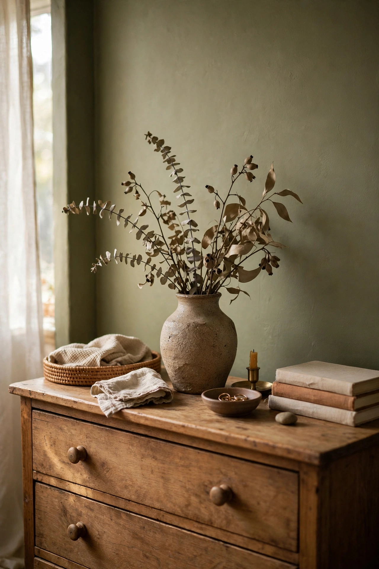 Dried eucalyptus stems in a stoneware vase on a bedroom dresser
