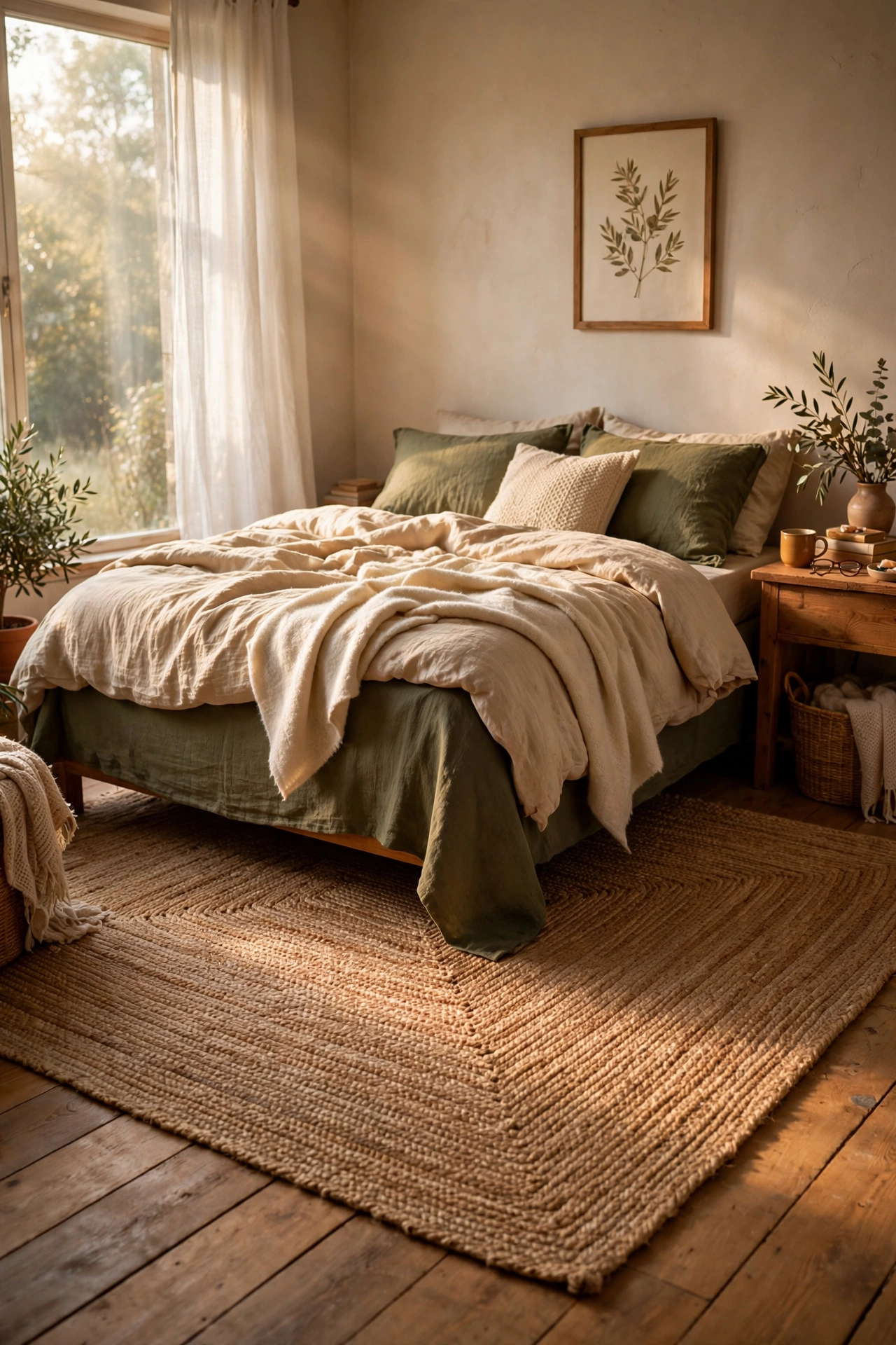 Woven jute rug layered under an olive green bed on wooden floor