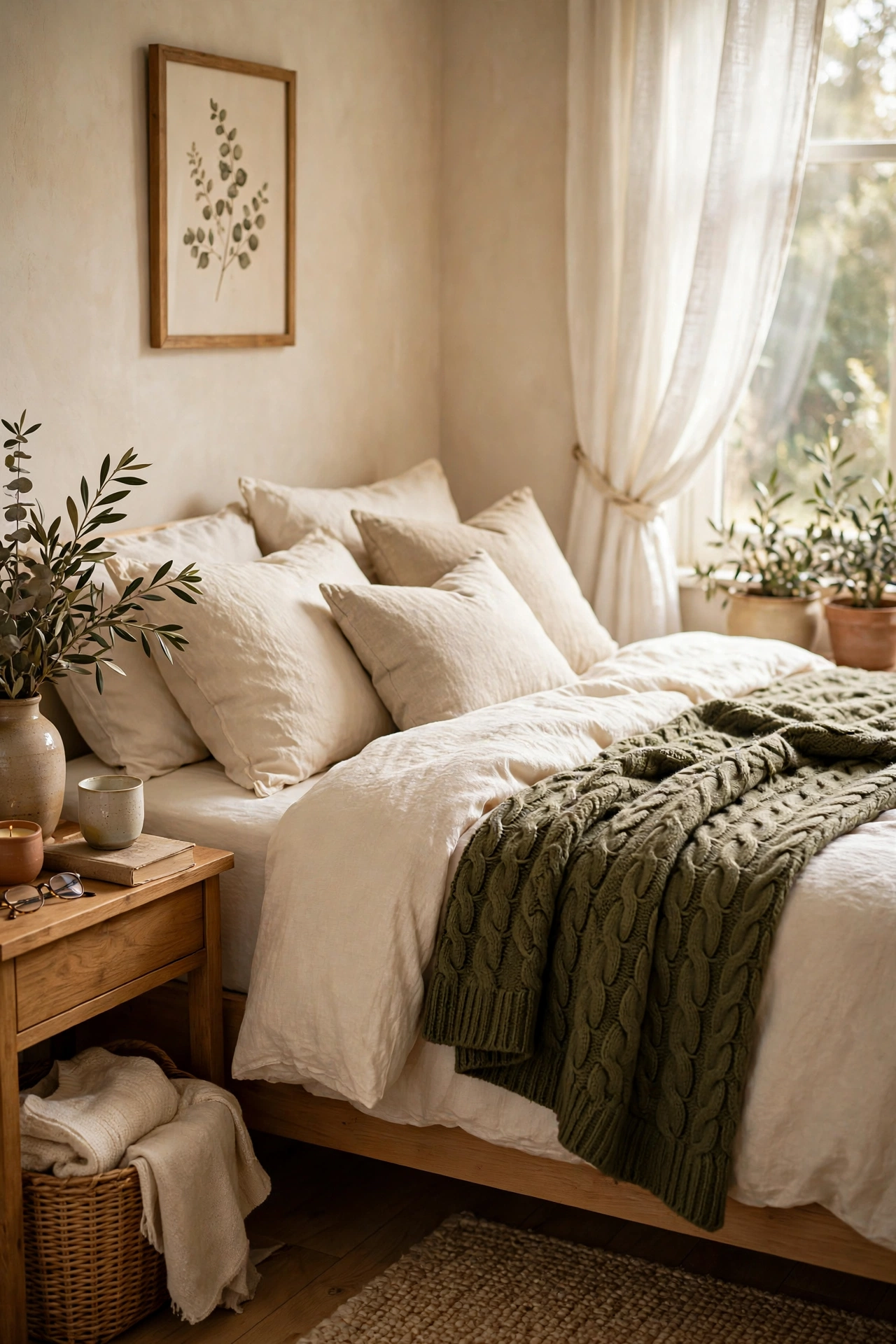 Chunky olive green knit throw folded across the foot of a bed
