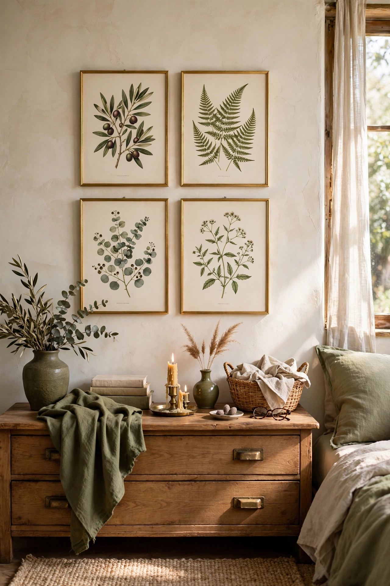 Botanical prints in thin gold frames hung above a bedroom dresser