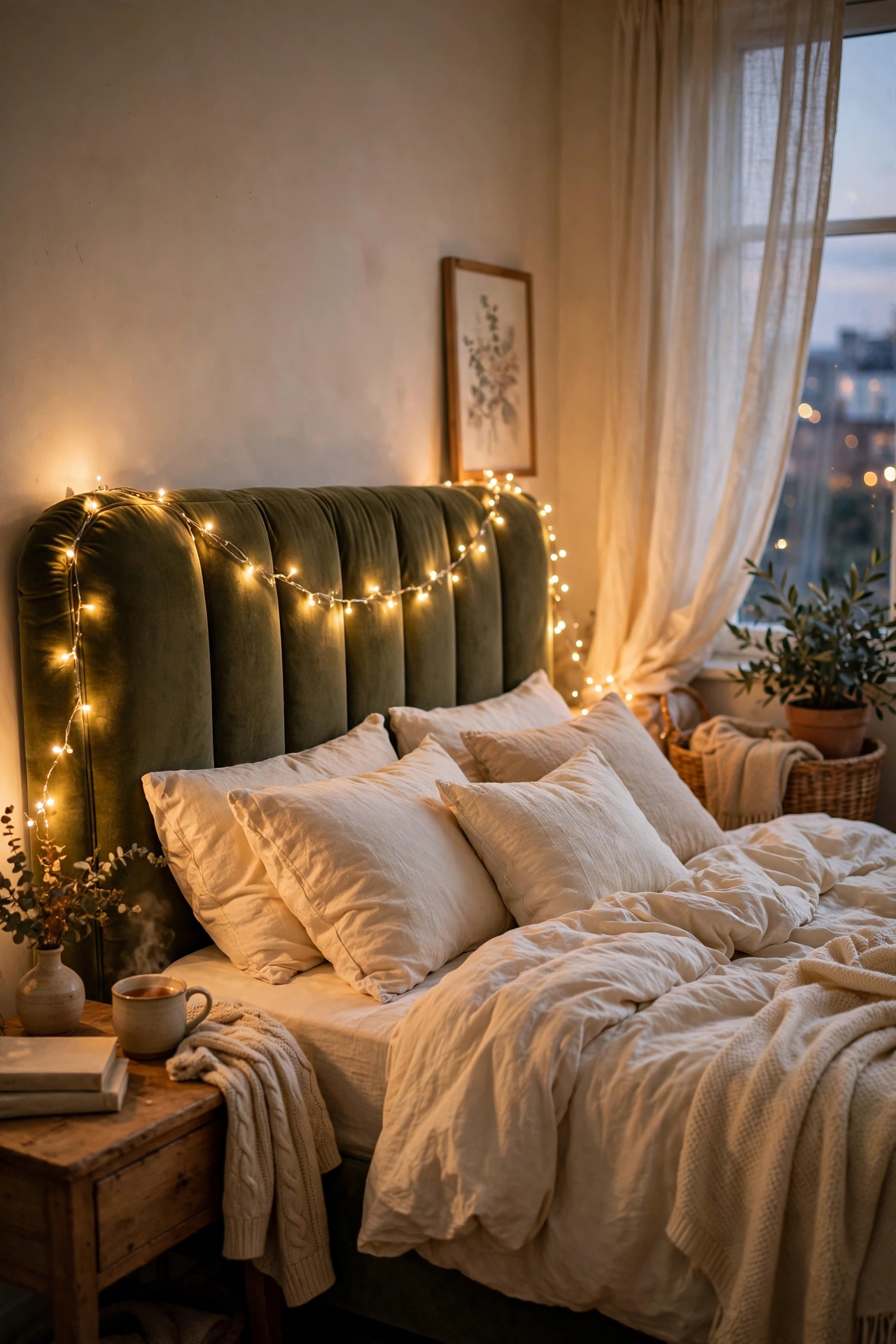 Warm white fairy lights draped along an olive green headboard at dusk