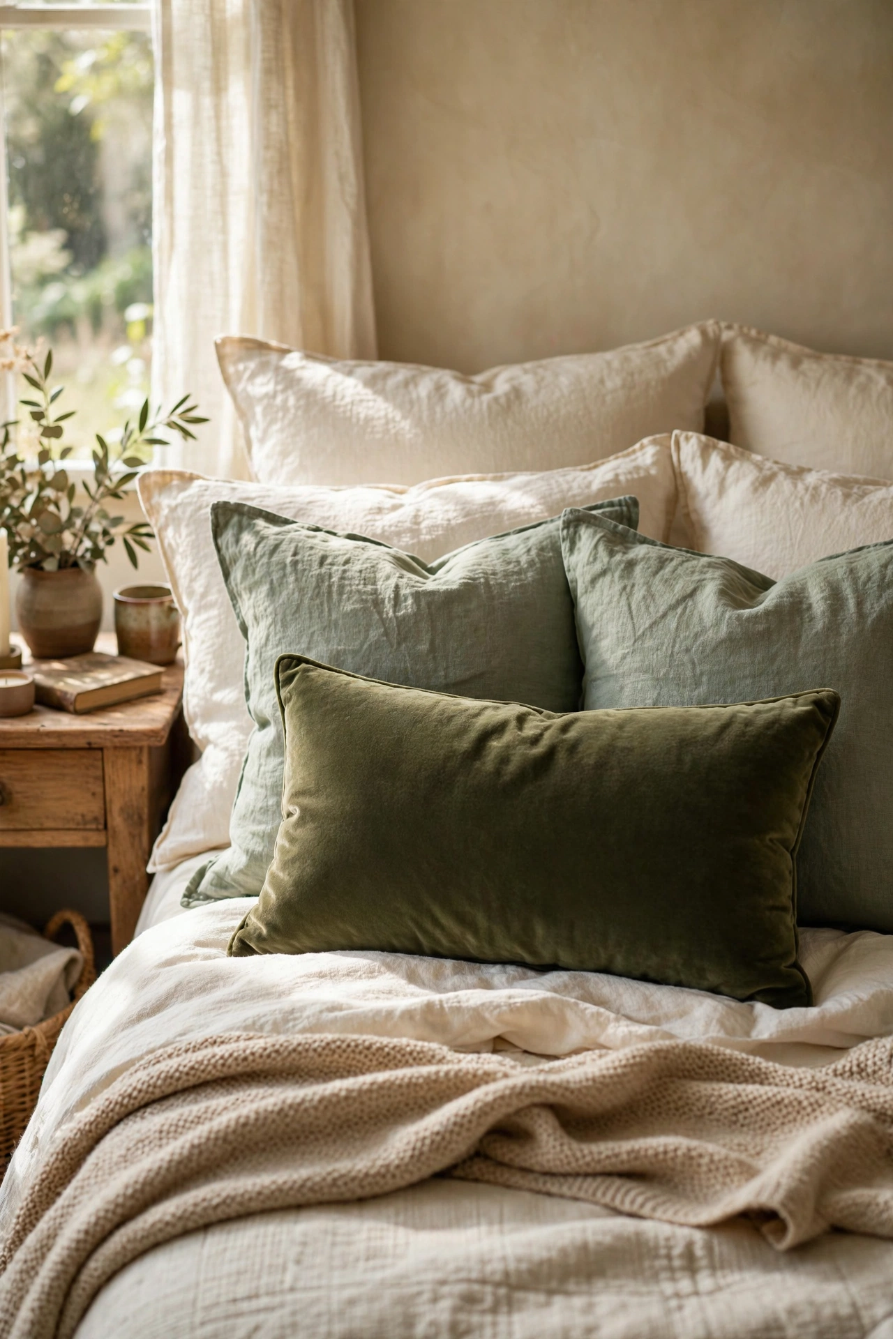 Olive velvet and sage linen lumbar pillows layered on a bed