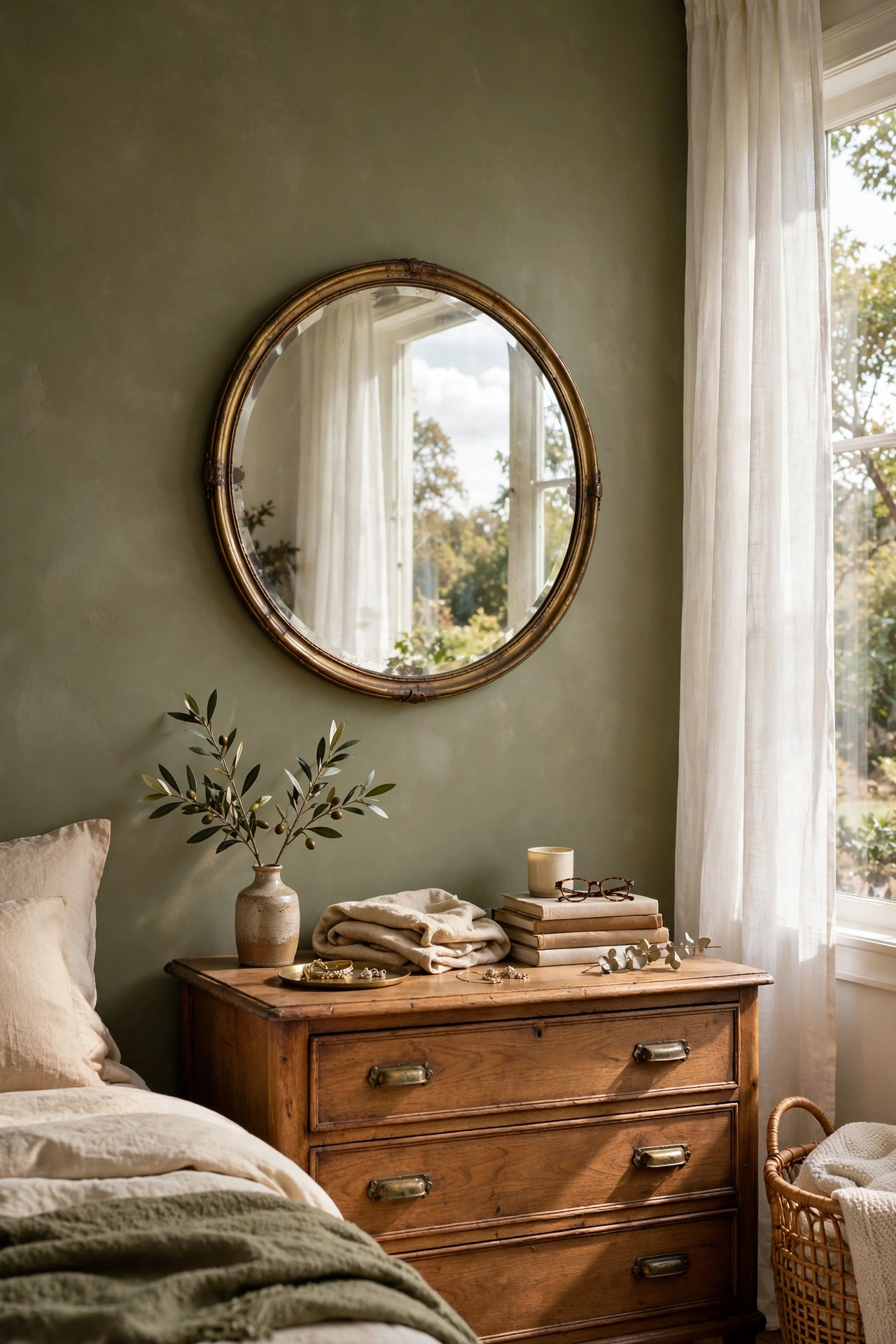 Round vintage brass mirror above a bedroom dresser reflecting window light