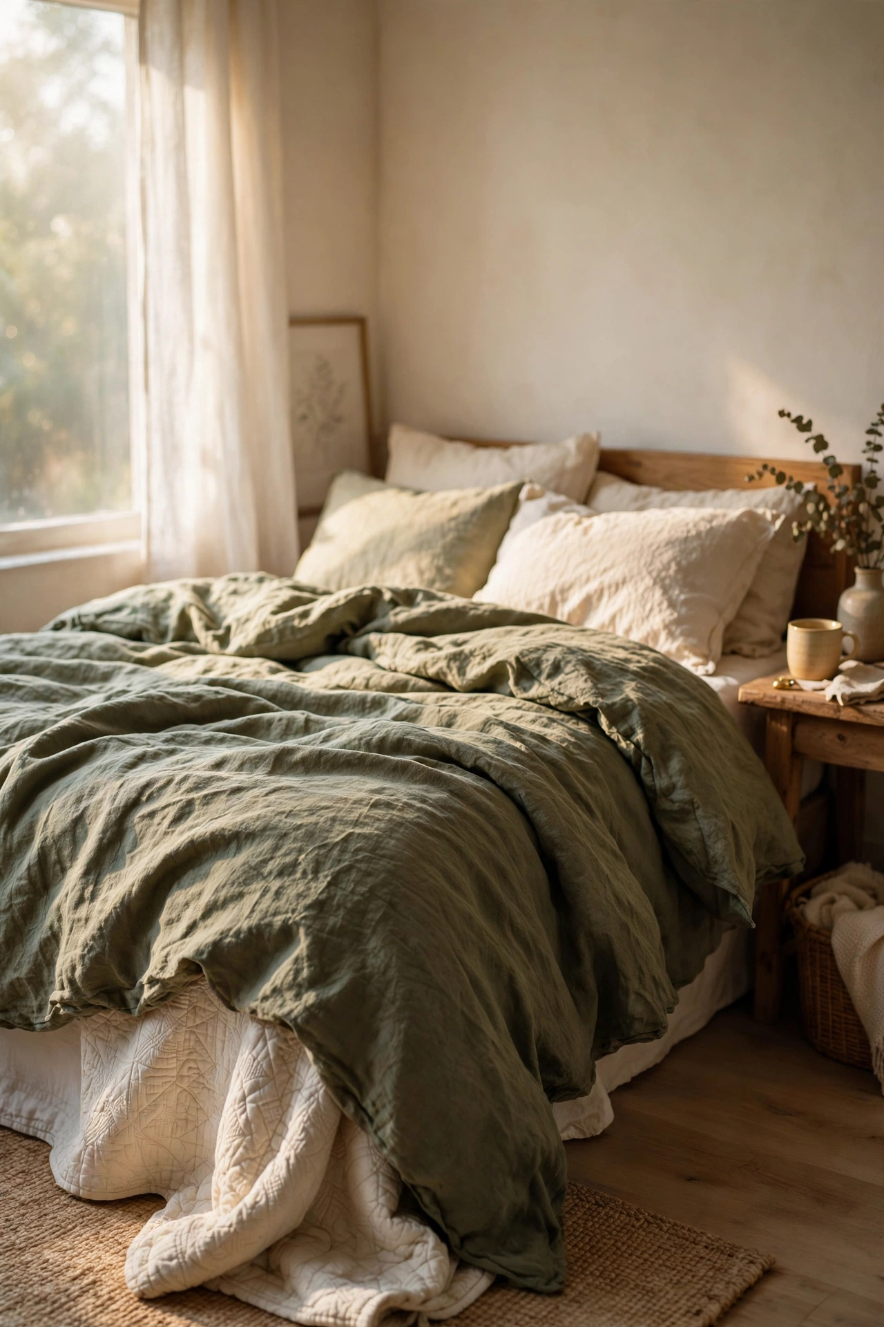 Olive green stonewashed linen duvet cover rumpled naturally on a bed