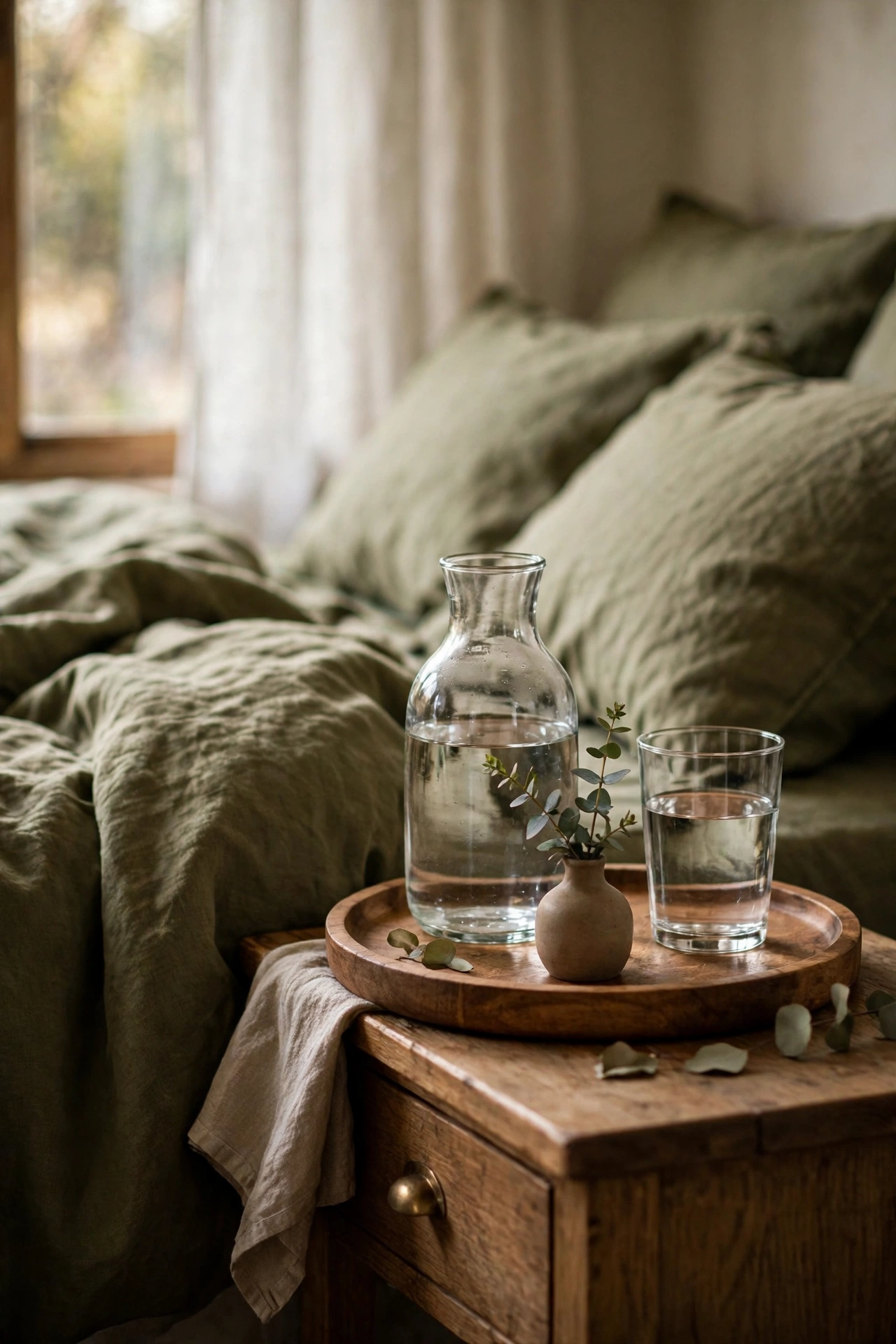 Wooden bedside tray with glass carafe and small eucalyptus vase