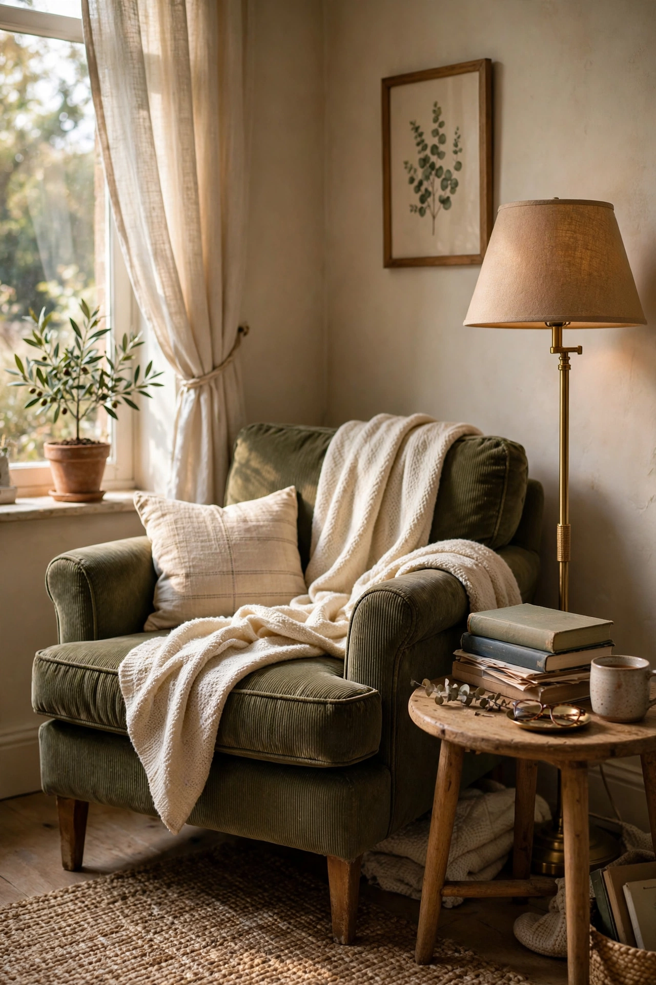 Olive green reading corner with armchair, throw and floor lamp