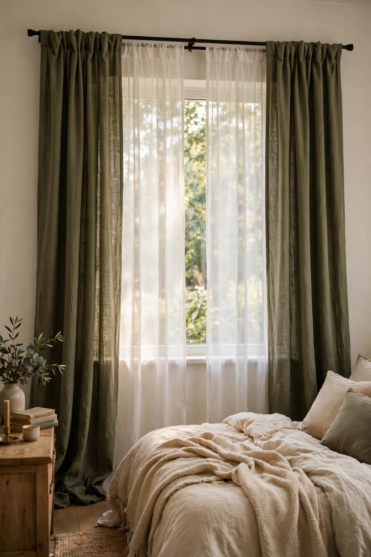 Double-layered sheer and olive drapes on a bedroom window