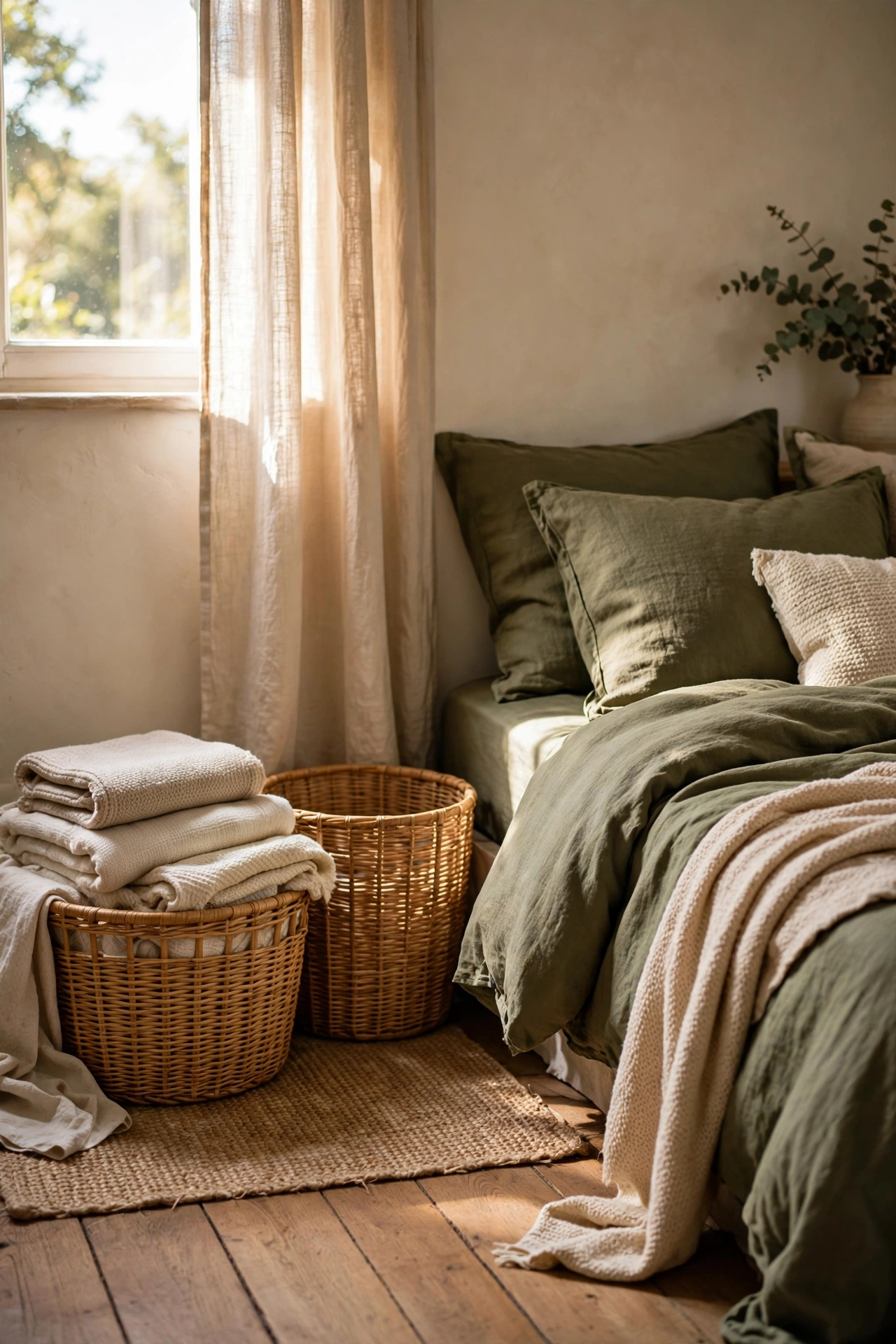 Rattan storage baskets holding throws beside an olive green bed