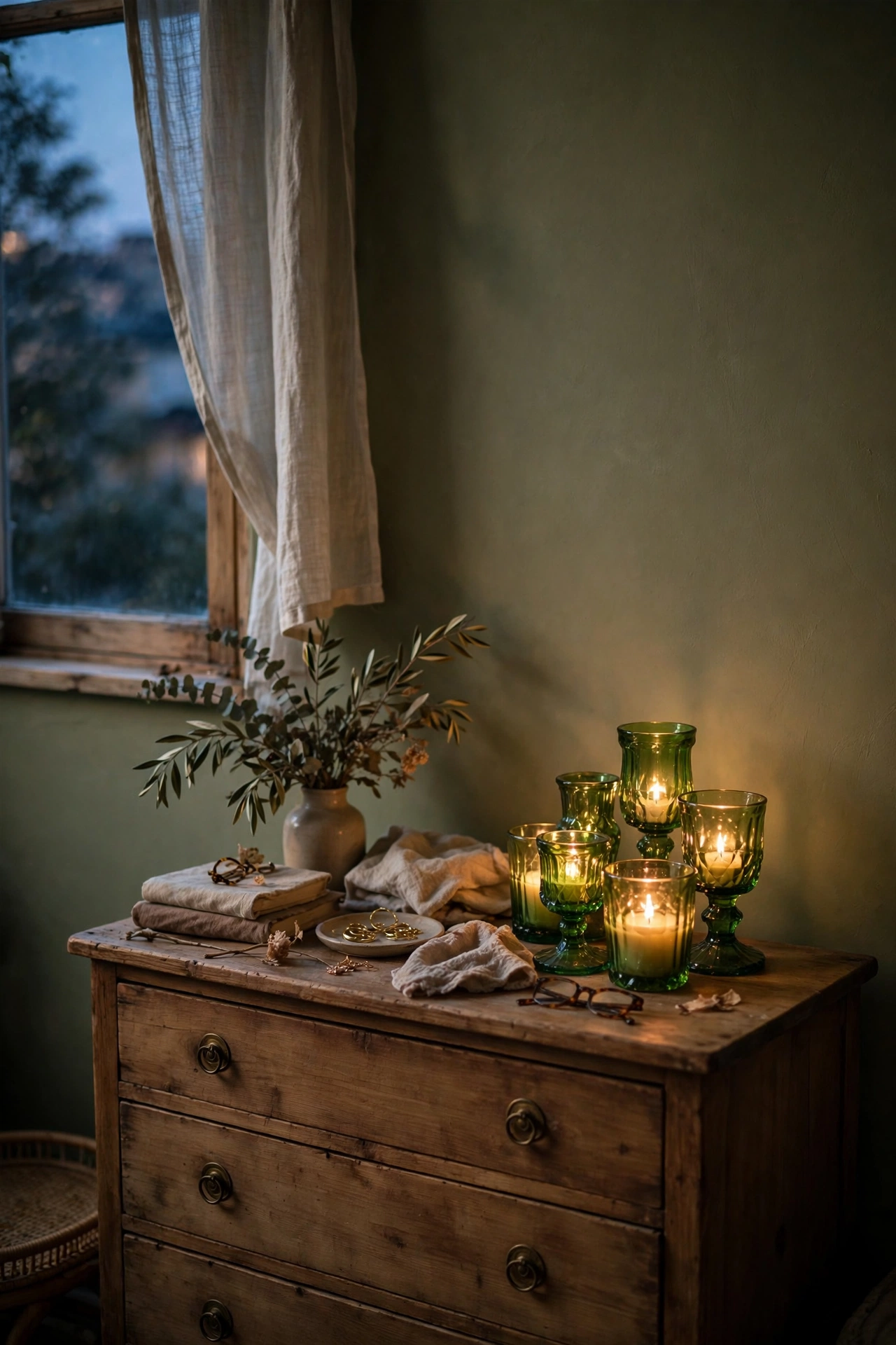 Green glass candle holders glowing on a bedroom dresser in the evening