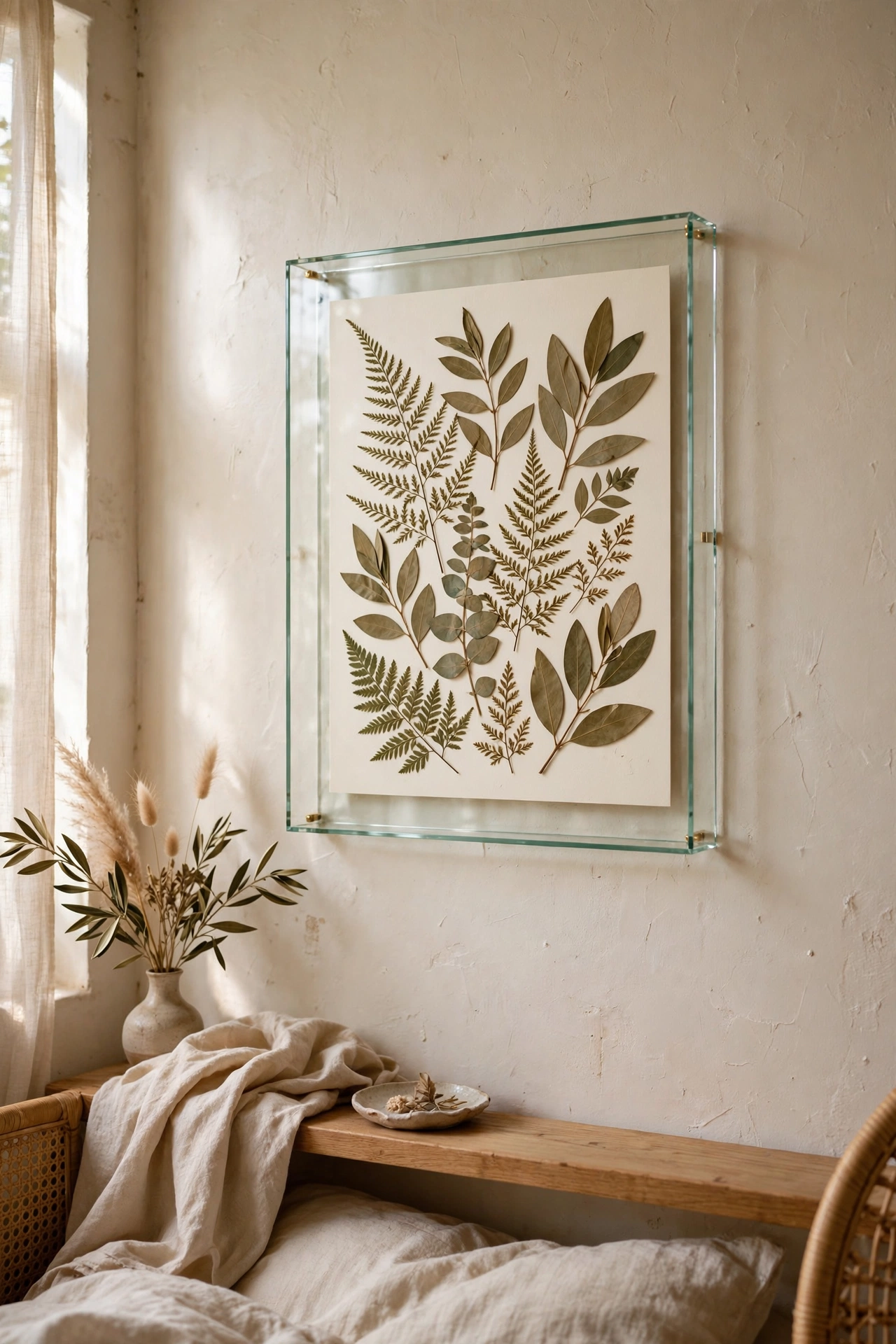 Pressed leaves arranged in a floating frame on a bedroom wall