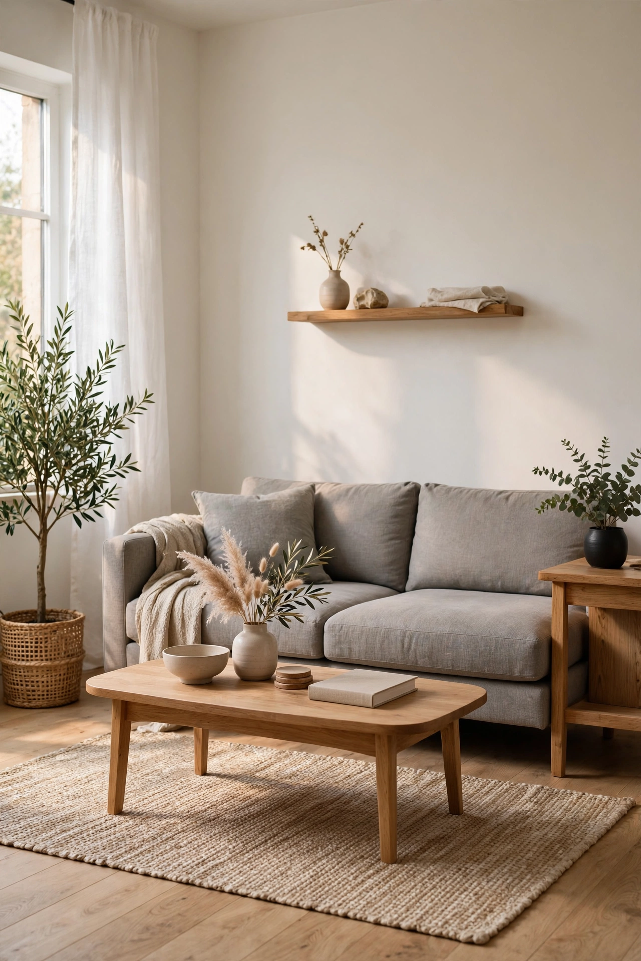 Modern living room on a budget with neutral base of white walls and gray sofa