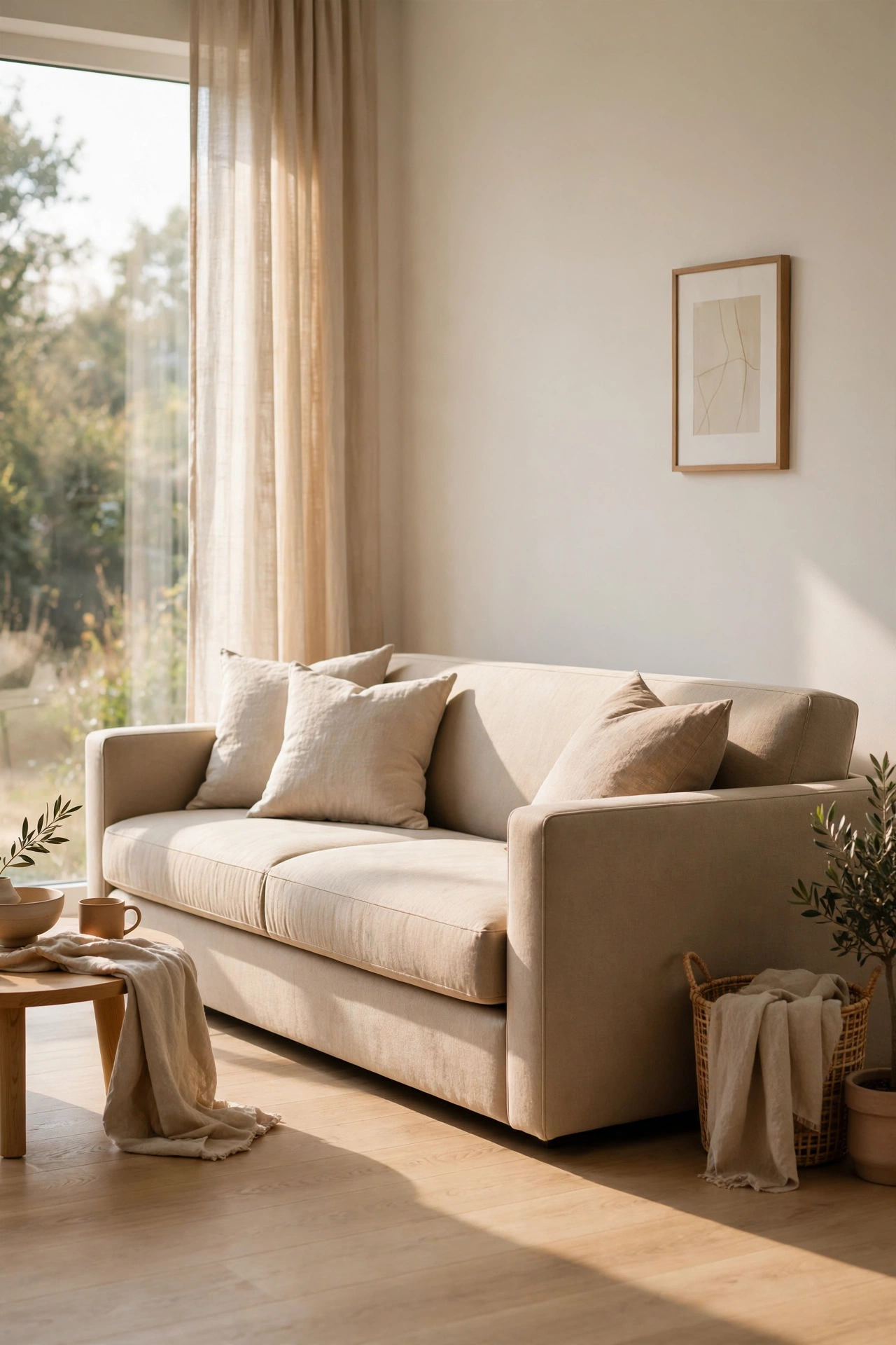 Clean line track arm thrifted sofa in a modern budget living room