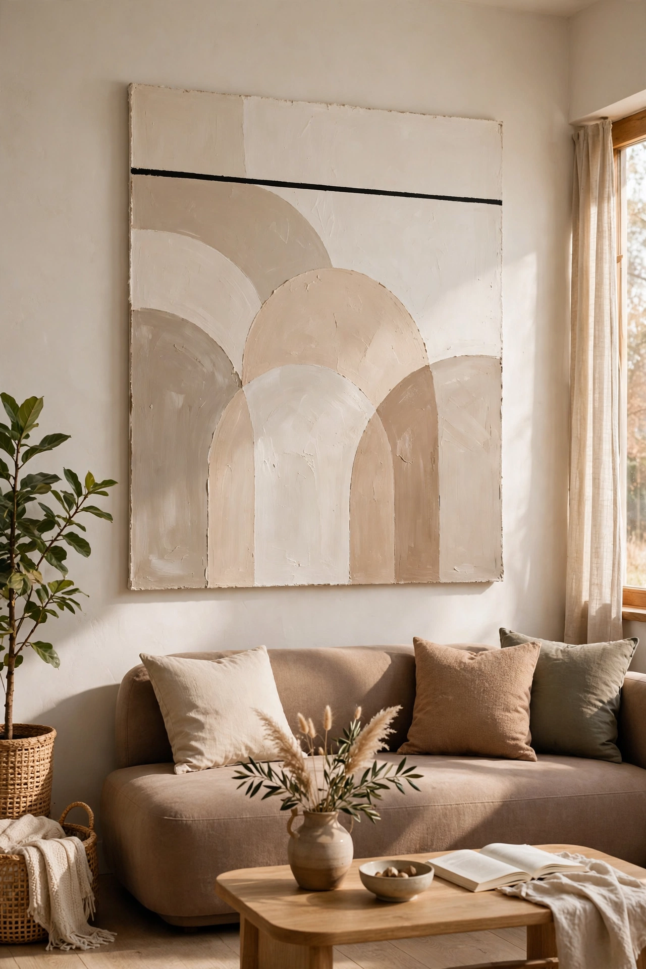 Oversized DIY abstract canvas art with neutral arches in a modern living room