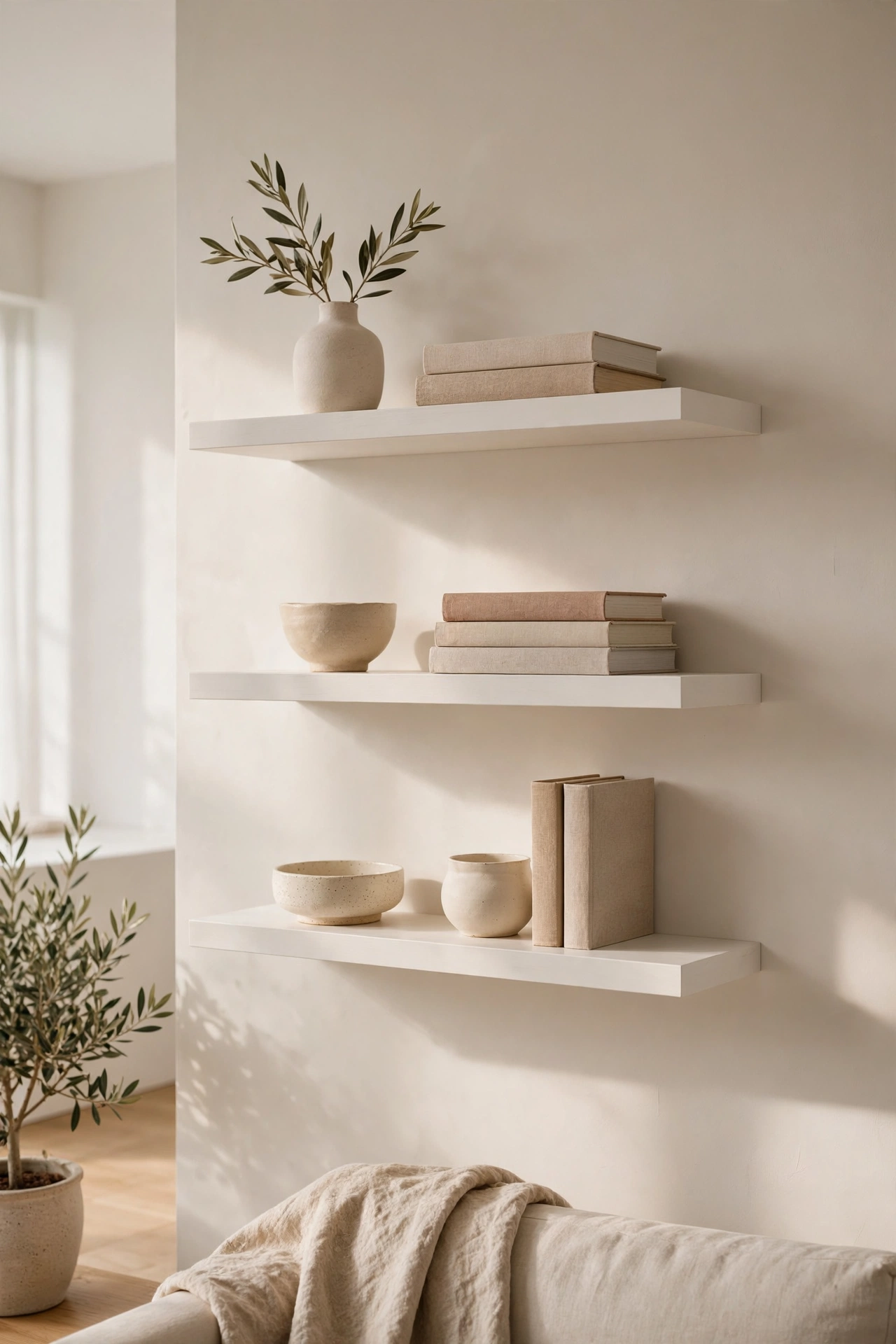 IKEA LACK floating shelves styled sparsely in a modern living room