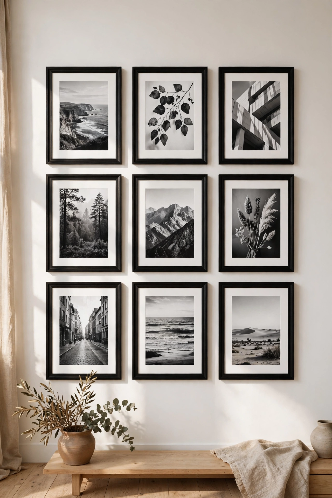 Modern tight grid gallery wall of nine black frames in a living room