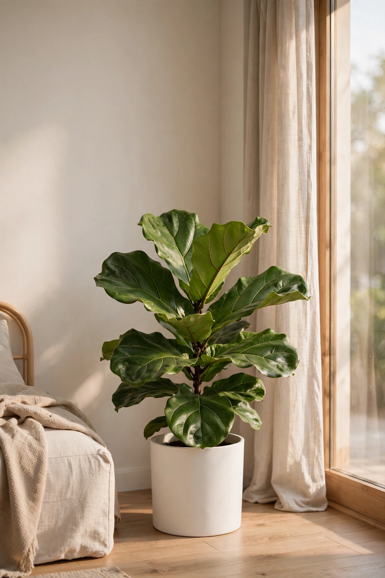 Single sculptural fiddle leaf fig in a white pot in a modern living room
