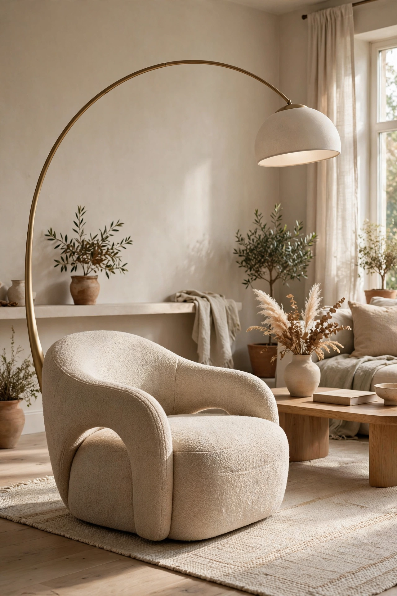 Affordable arc floor lamp curving over a reading chair in a modern living room