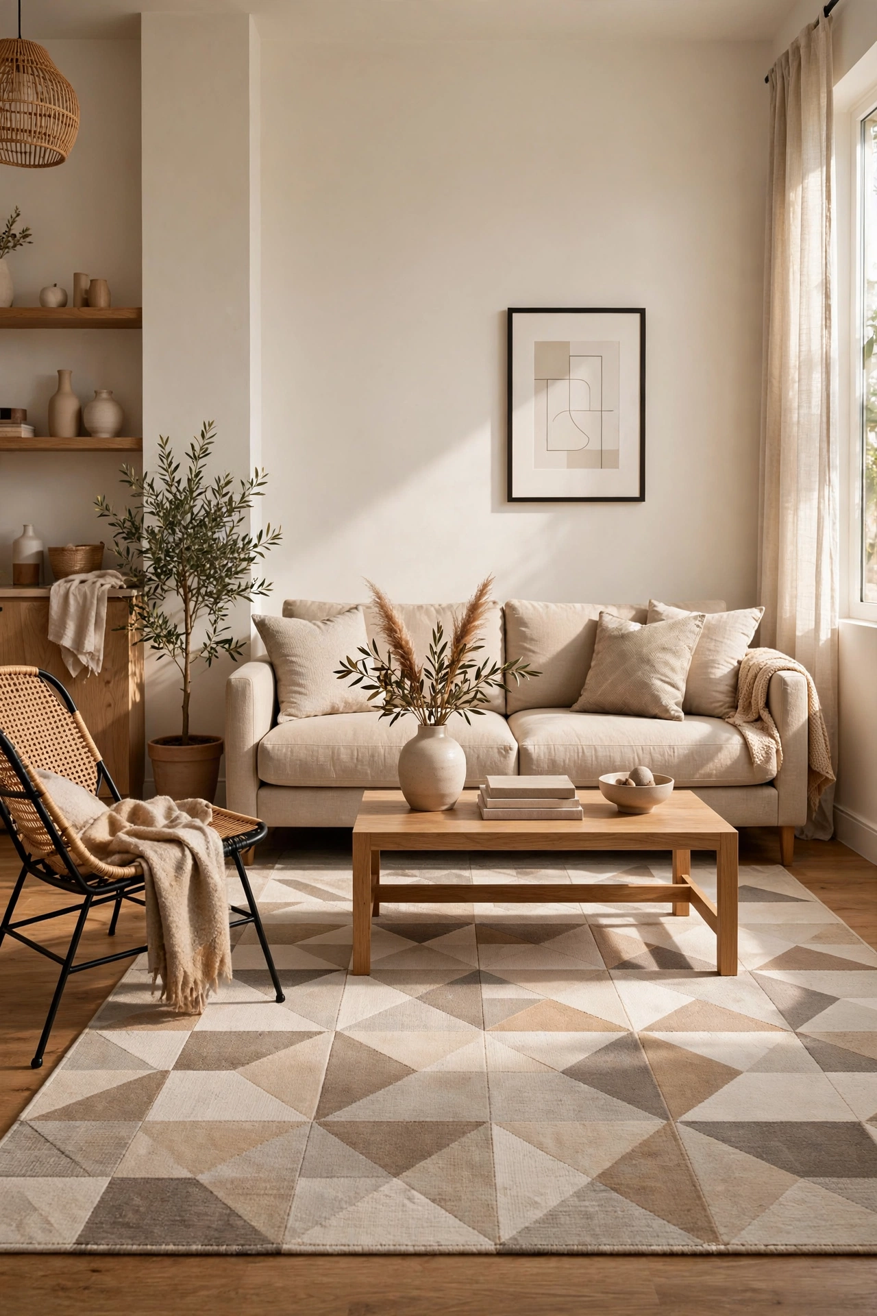 Low pile geometric rug in a modern budget living room