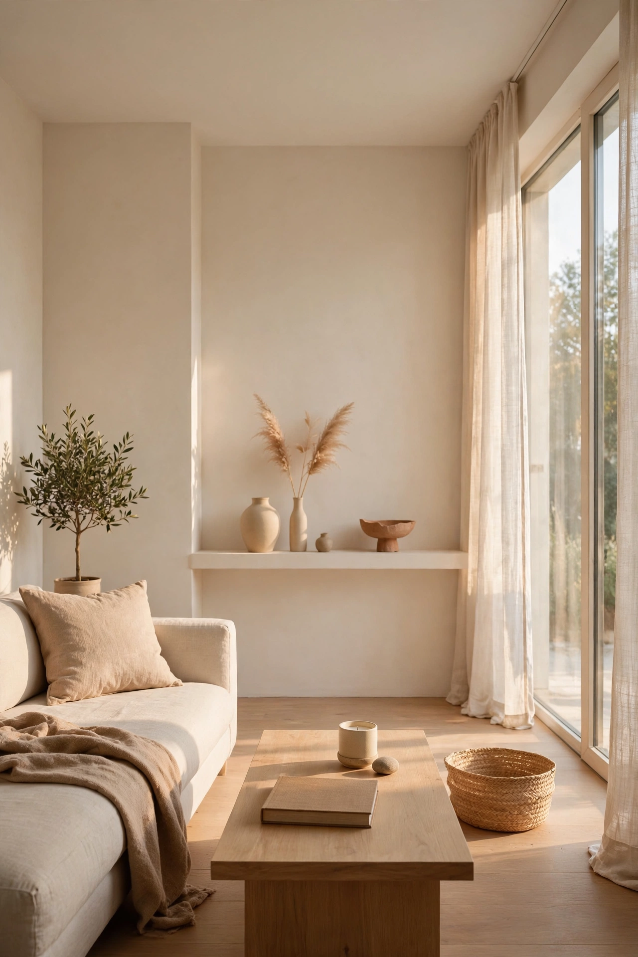 Modern living room with cleared surfaces styled with three objects or fewer