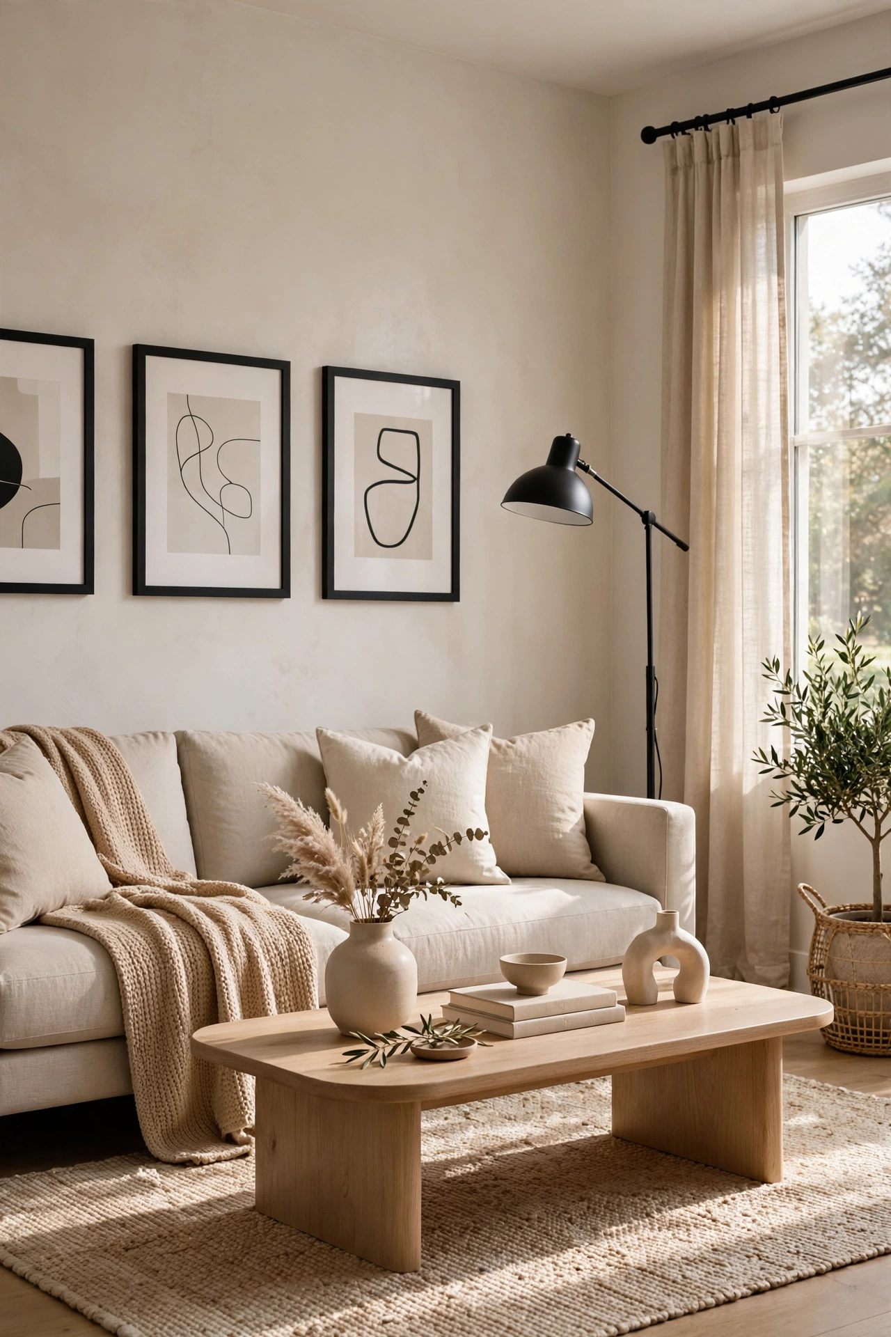 Matte black accents in a modern living room with lamp frames and curtain rod
