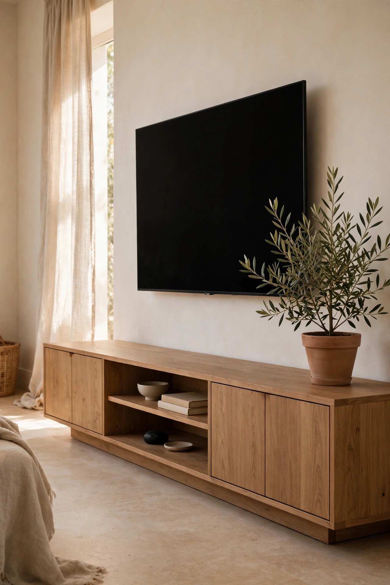 DIY low modern media console from IKEA units in a budget living room