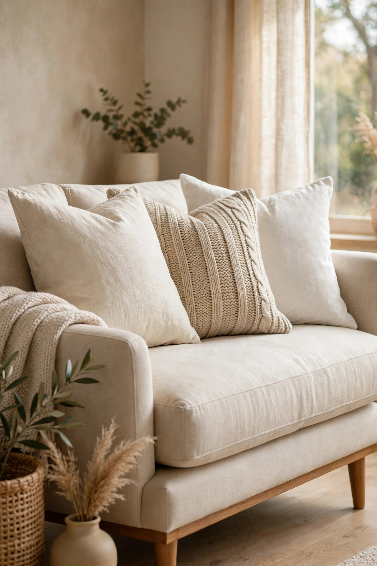 Modern sofa with monochrome pillows in cream linen oatmeal knit and white velvet