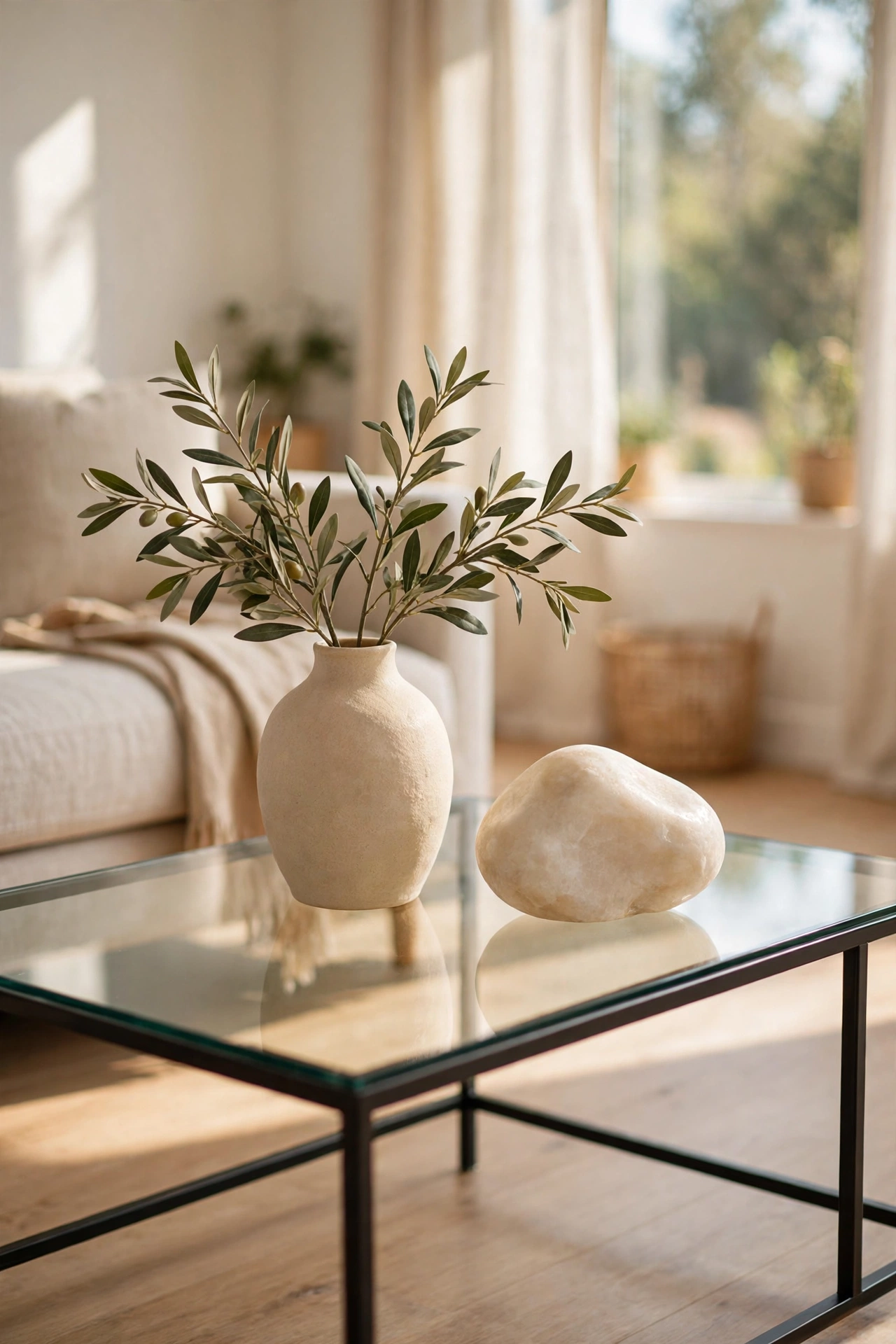 Thrifted glass coffee table in a modern living room styled minimally