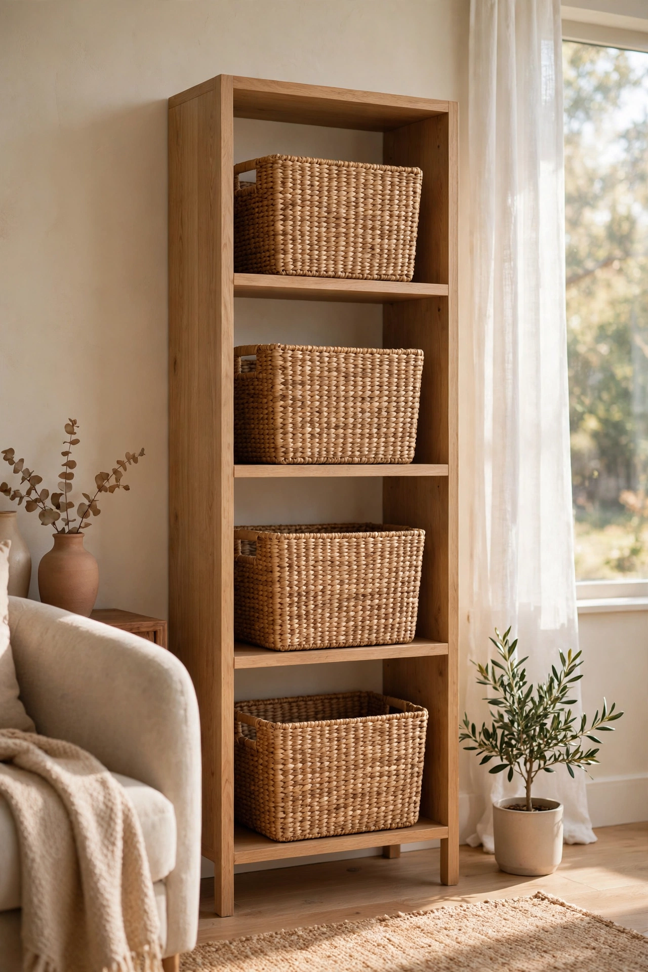 Matching seagrass storage baskets on open shelving in a modern living room